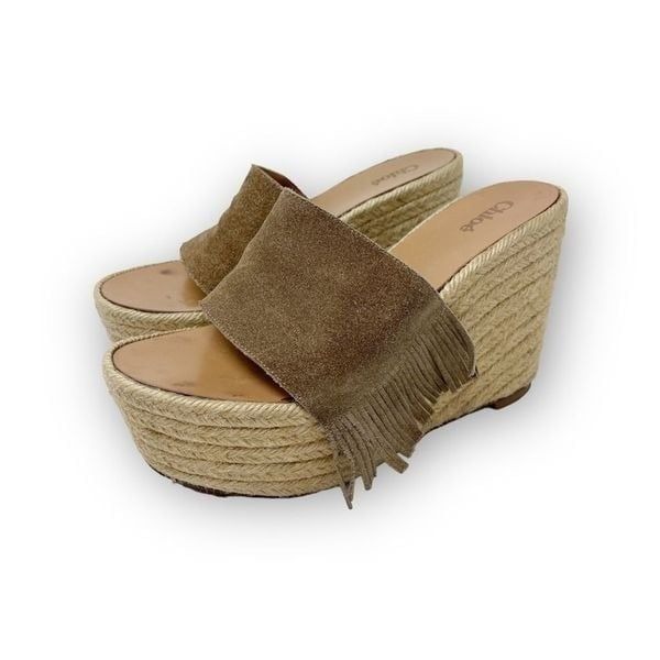 Chloe Suede Fringe Espadrille Wedge Platform Sandal Tan Women’s Size EU 36 US 6
