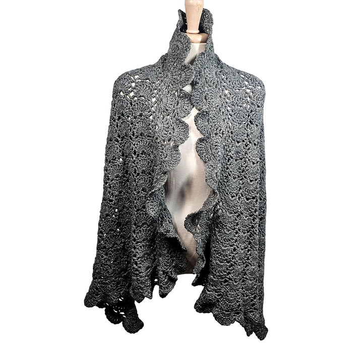 Hand Crocheted Gray Wool Wrap Shawl 62 x 32 Scalloped Edges