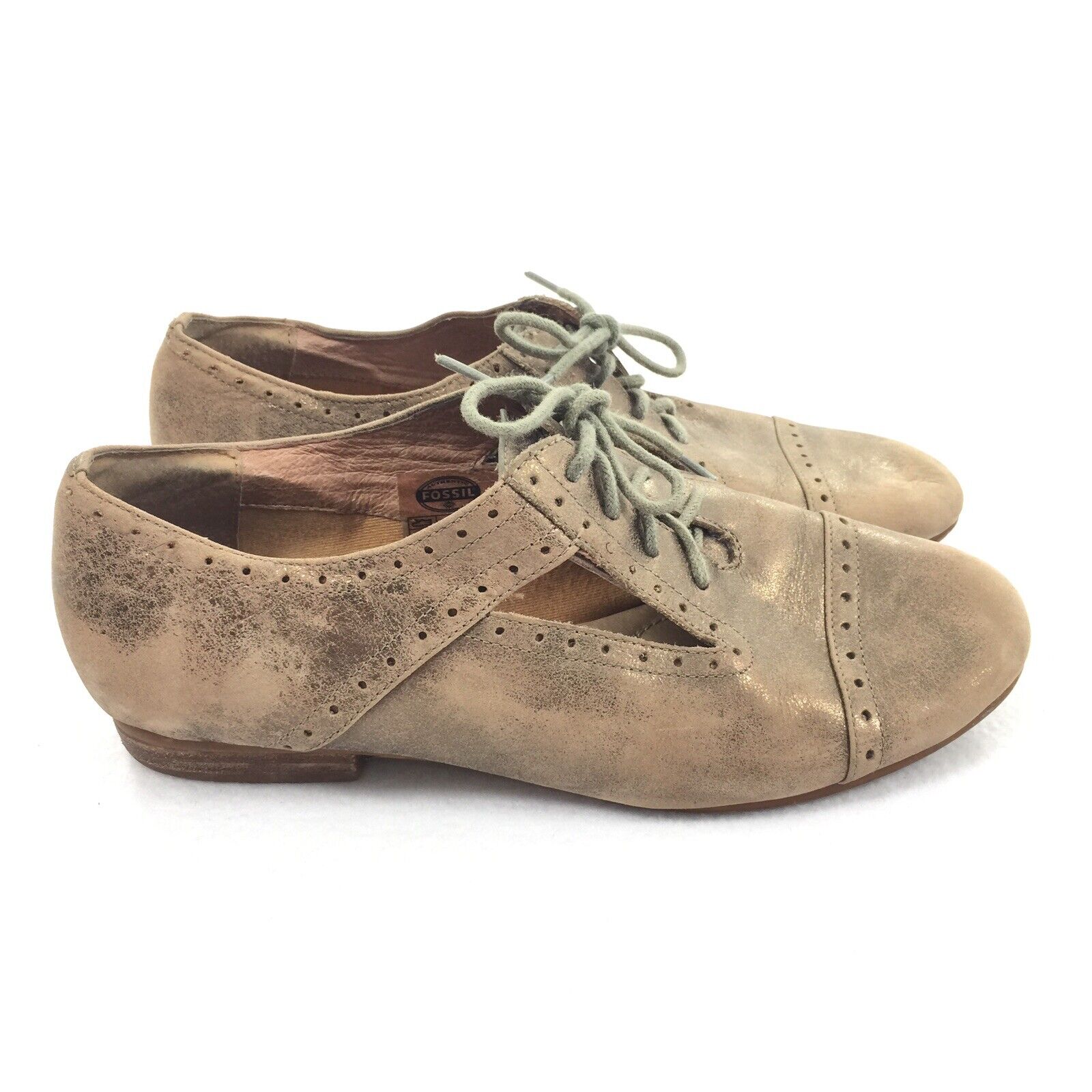 Fossil Baisley Lace Up Cut Out Leather Oxford Shoes 7.5 Bronze Gold Academia