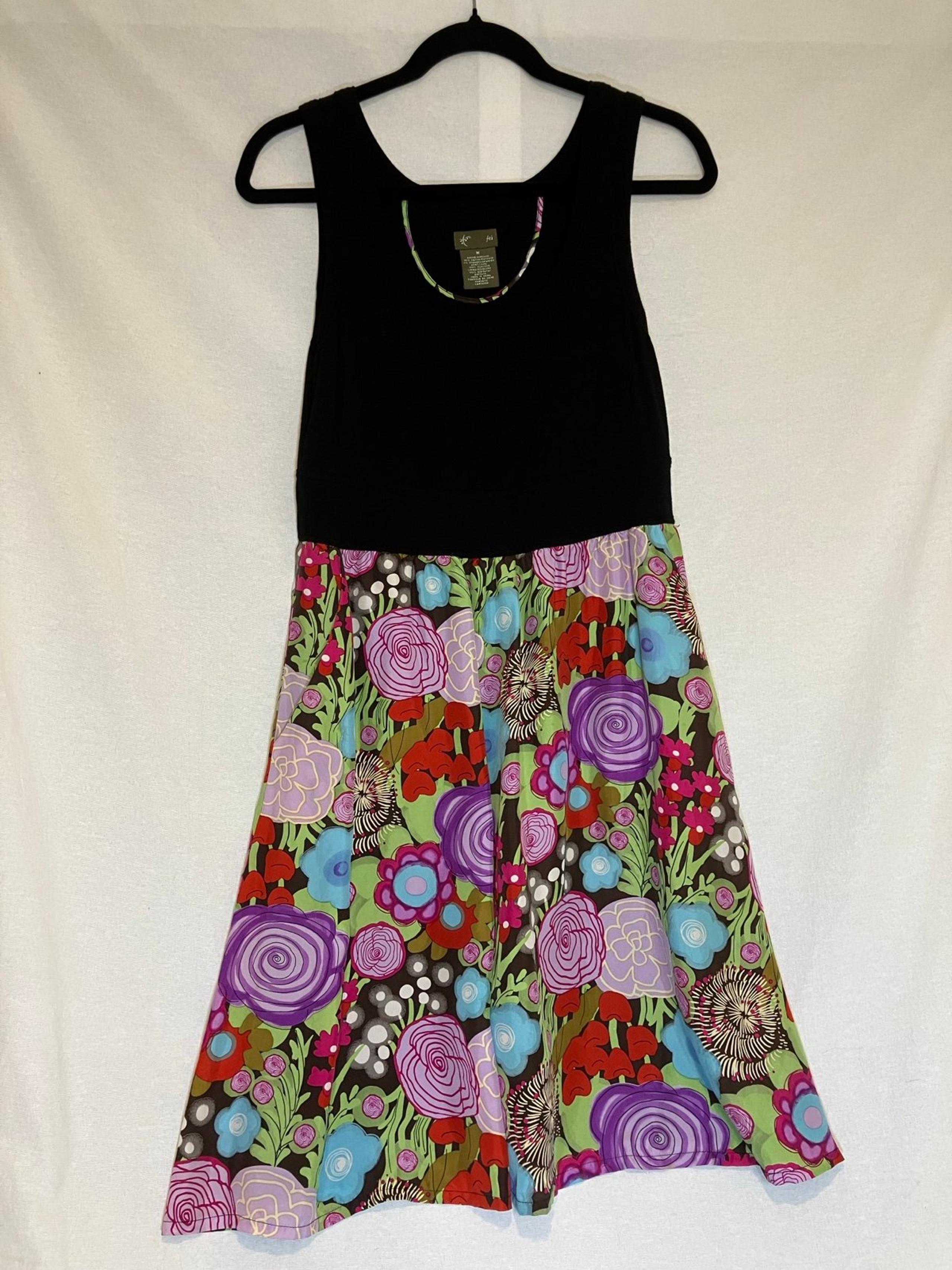 Fei Anthropologie Black and Floral Fit and Flare Silk Dress Women's Size Medium