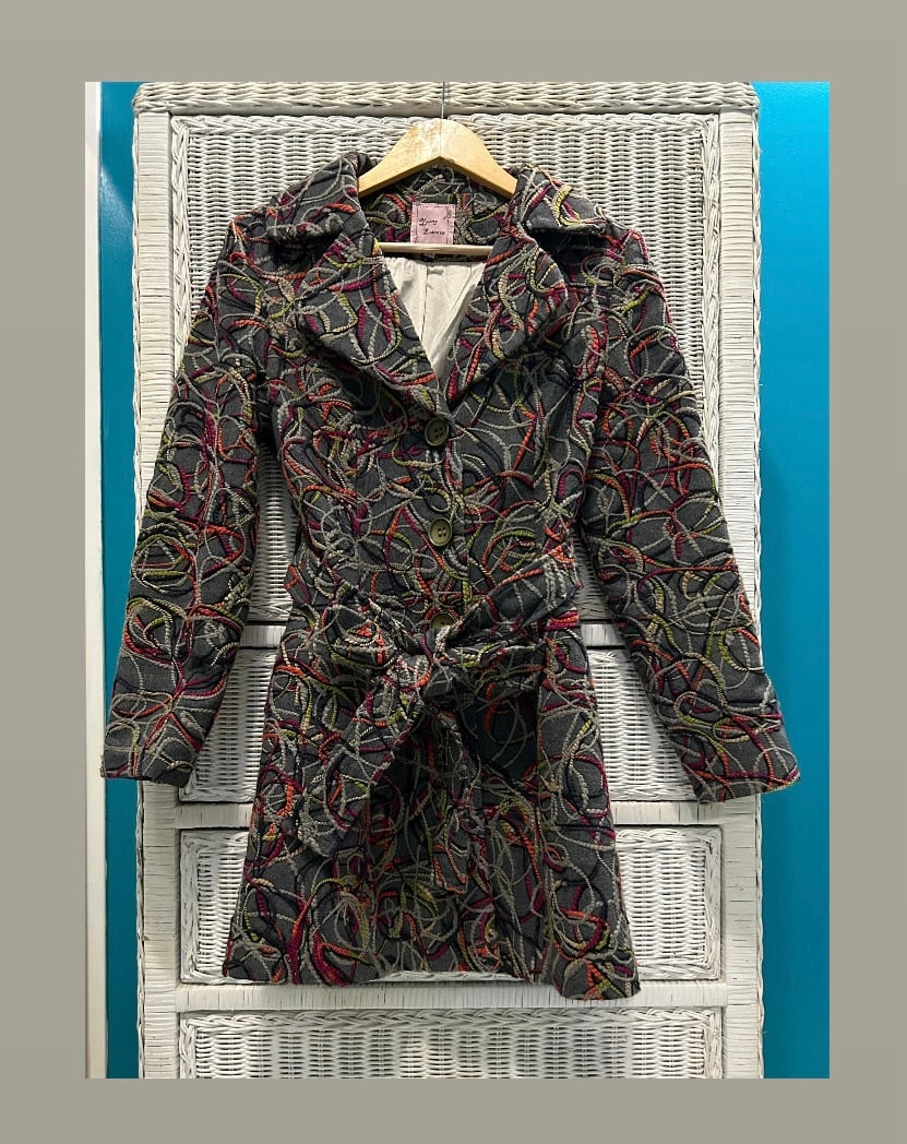 Anthropologie Young Essence Grey and Colorful Embroidered Peacoat|Size M|Pre-own