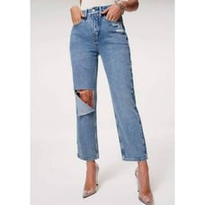 Good American Distressed Cropped Jeans Women's 6/28 Blue Denim Cotton Blend