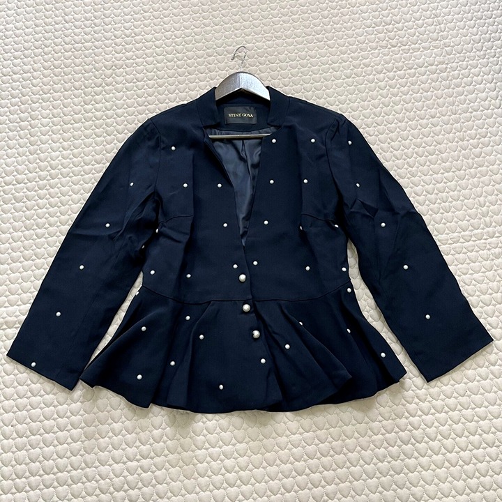 577 NWOT Stine Goya Navy Blue Ruffle Pearl Blazer Jacket Size L