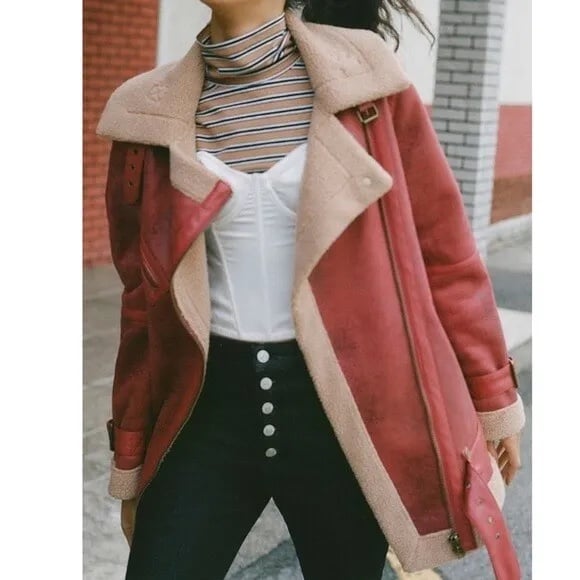 Urban Outfitters Oversized Faux Leather Red Rust Aviator Jacket Borg Size XS