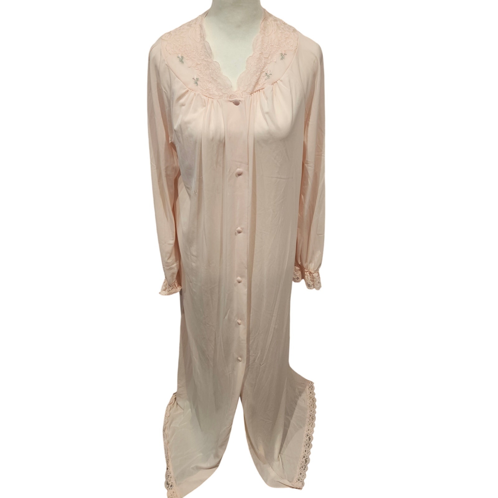 Vintage shadowline button down nightgown Long sleeve pink small cottage maxi*