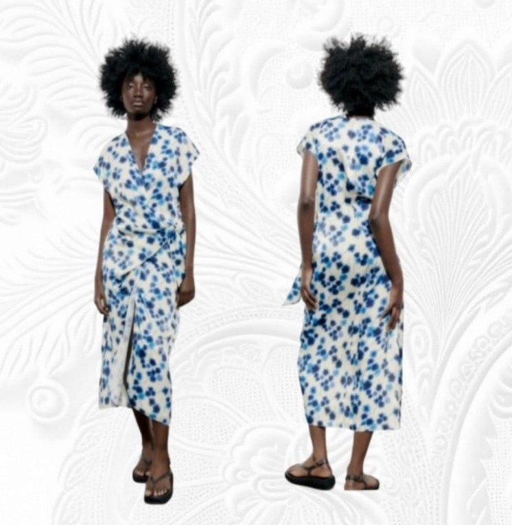 ZARA Blue Ecru Floral Print Midi Dress Size L