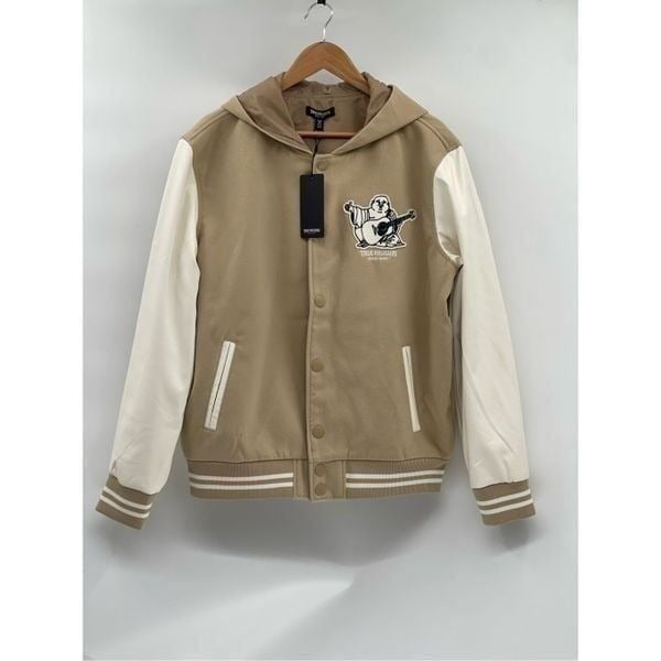 True Religion Jacket Varsity Budda Men Medium Tan White Hood Fwux Leather New