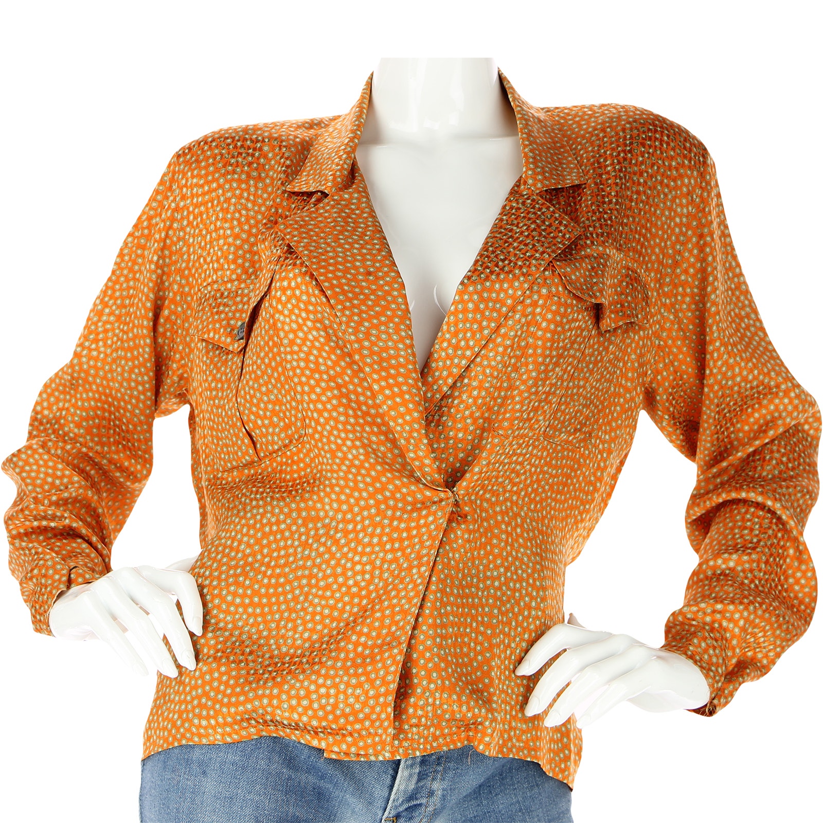 Vintage Ann Klein II Silk Orange Circle Print Top Shirt S