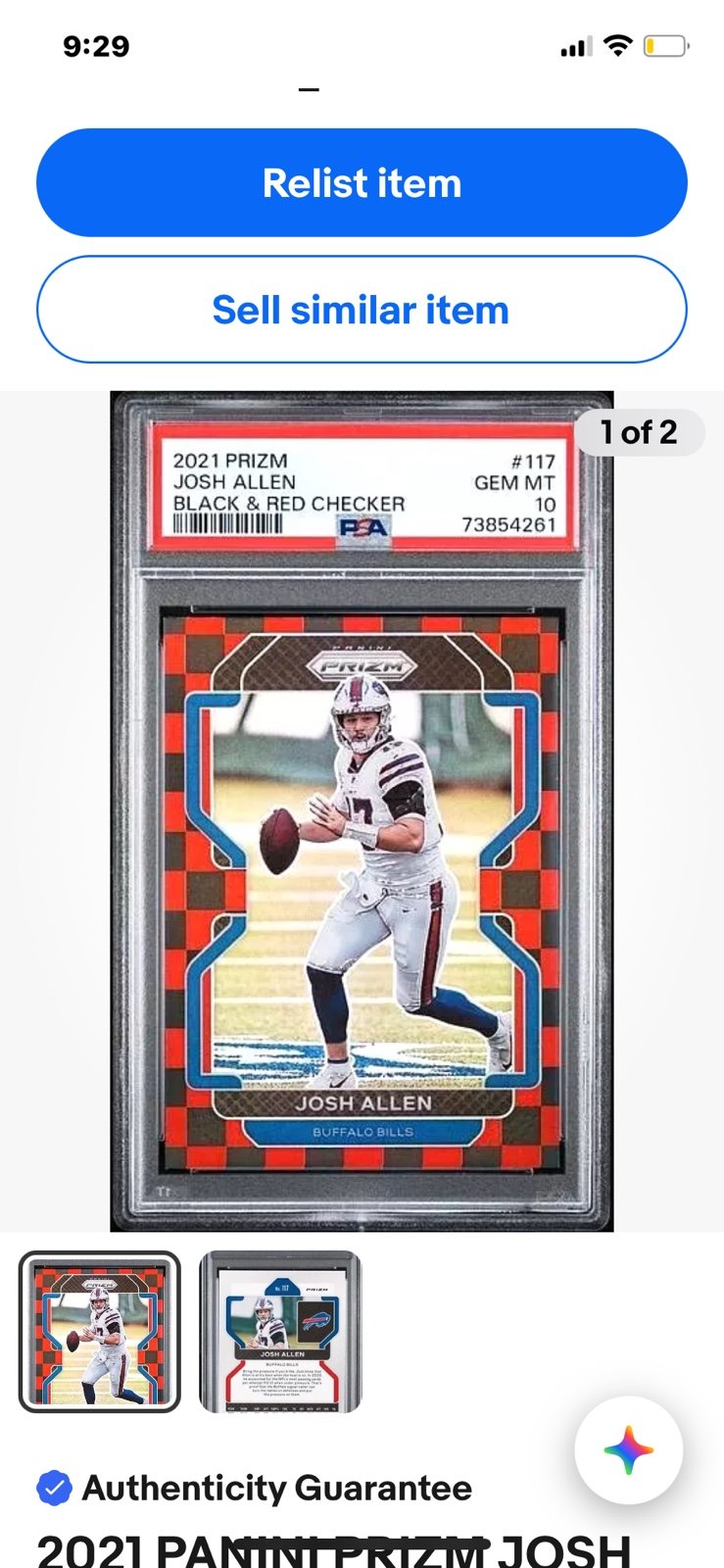 2021 PANINI PRIZM JOSH ALLEN #117 BLACK & RED CHECKERBOARD CHECKERED SSP PSA 10
