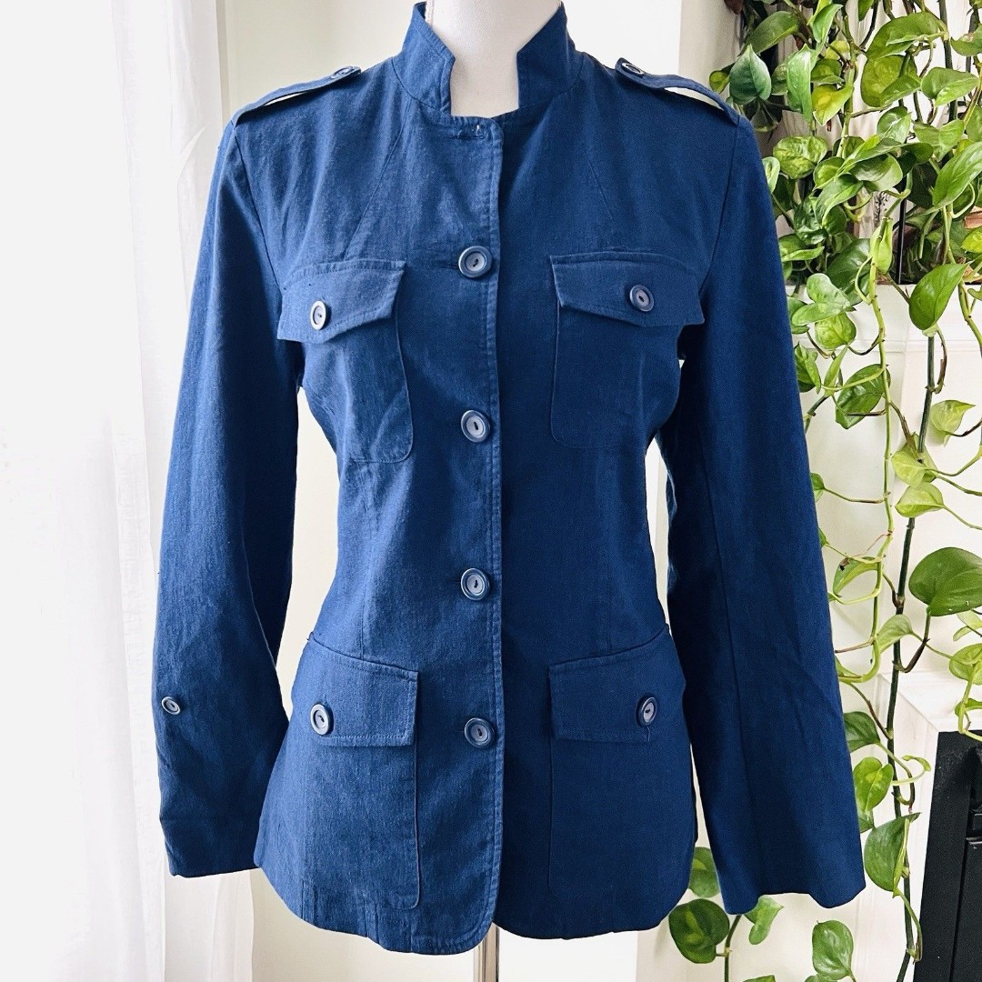 Coldwater Creek Blue Linen Blend Button Down Satin Striped Lined Jacket Small 6