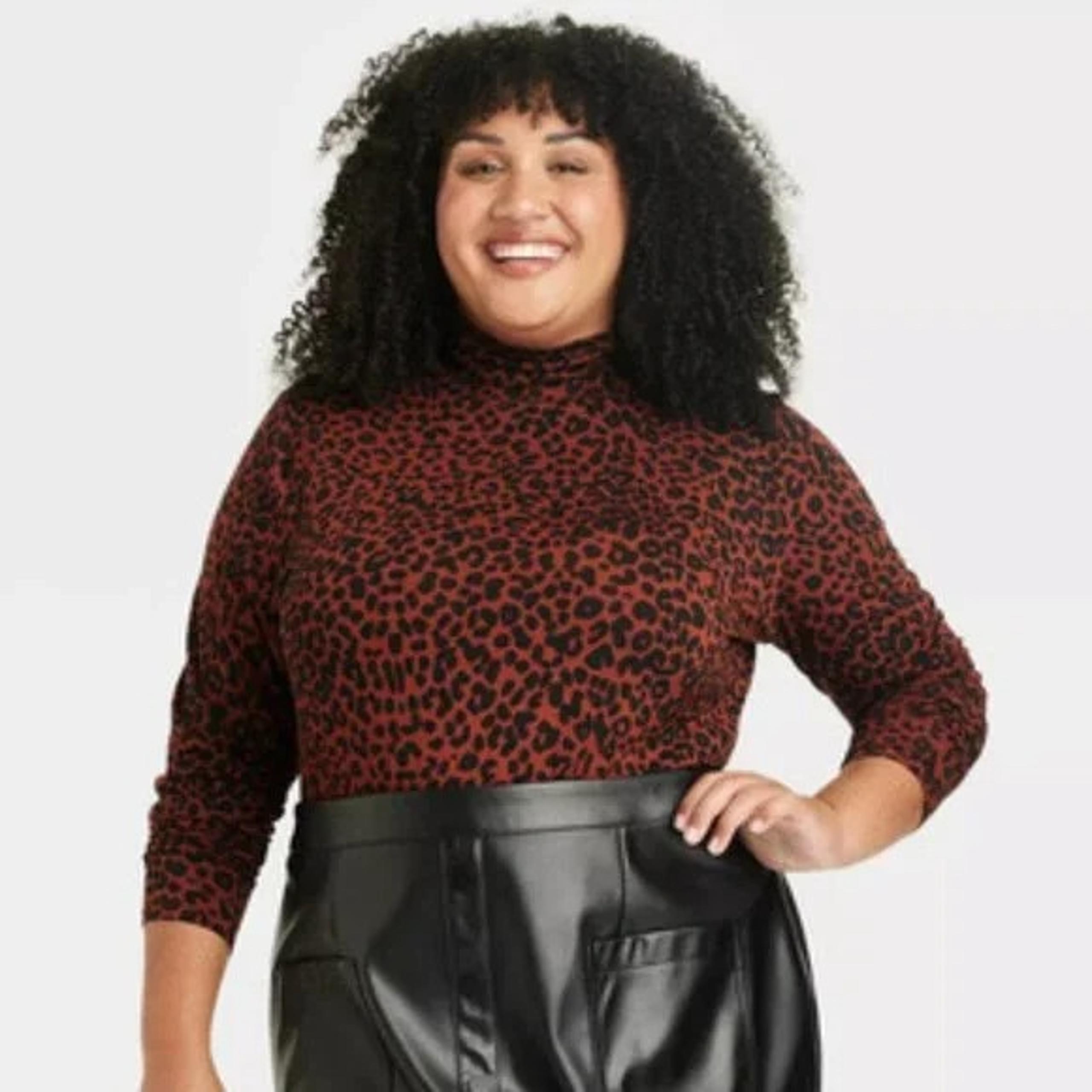 Ava & Viv Women's Animal Print Mock Turtleneck T-Shirt Long Sleeve Plus Size 1X