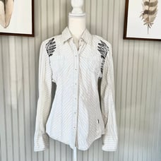 Marc Cain Poplin Striped White Button Up with Printed Feathers