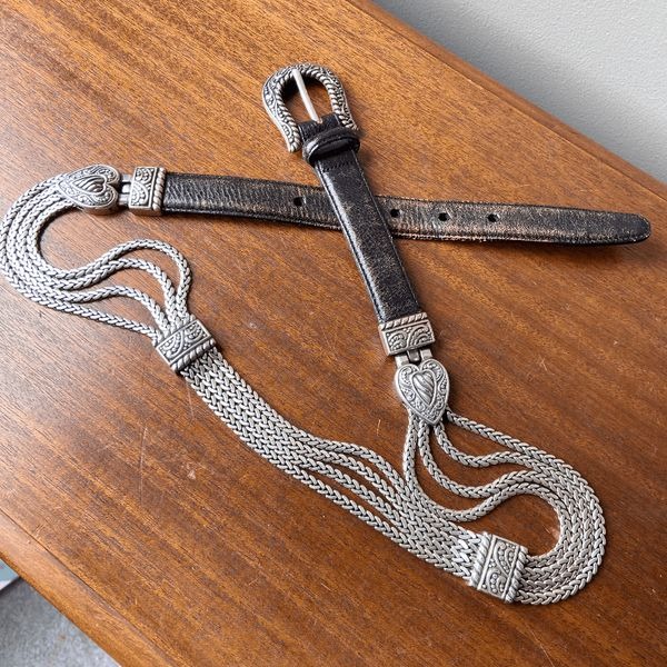 Brighton Vintage Black Leather & Silver Chain Belt Western Heart Buckle 34