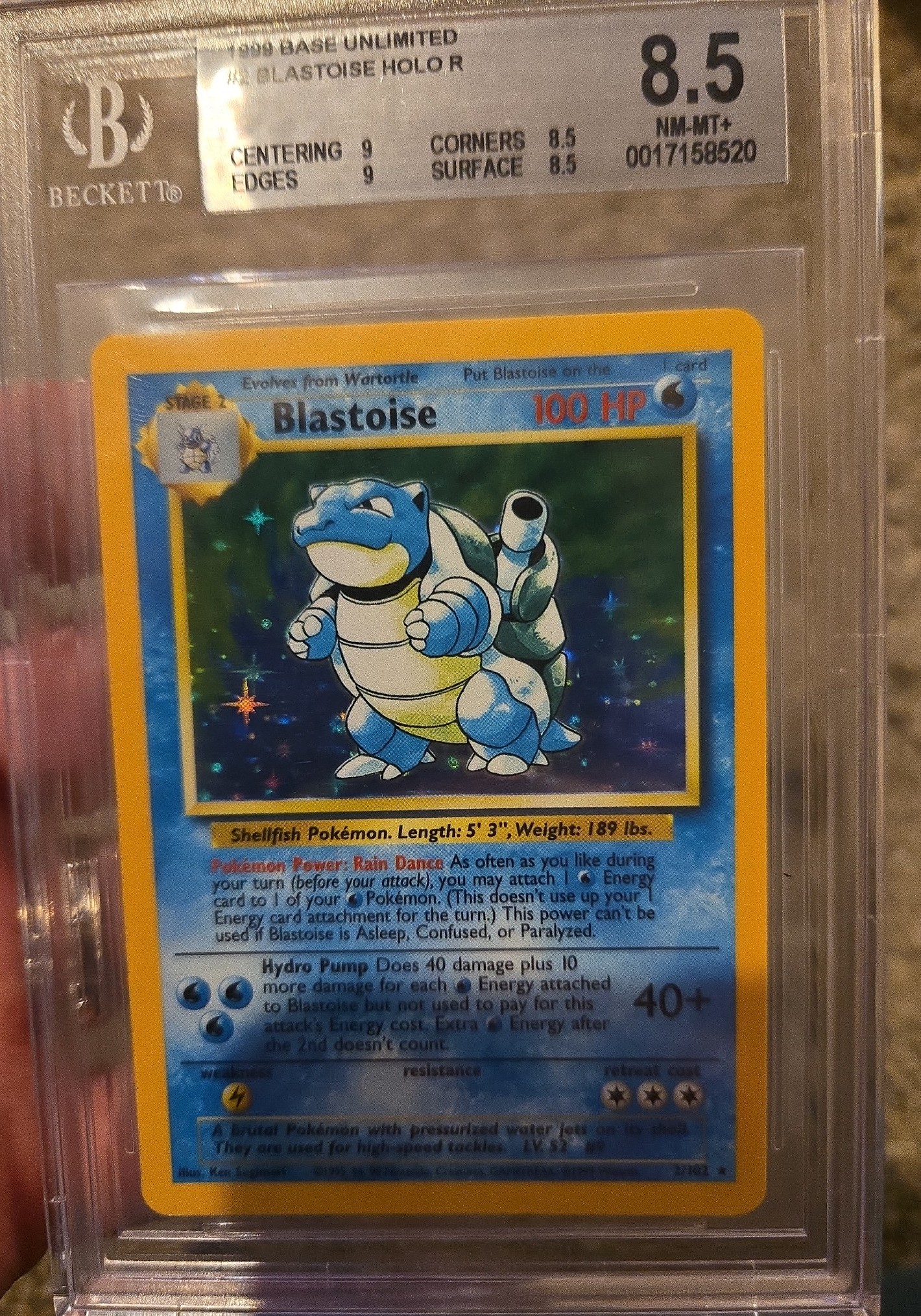 Mint 1999 graded holo stage error blastoise base set pokemon card 2/102