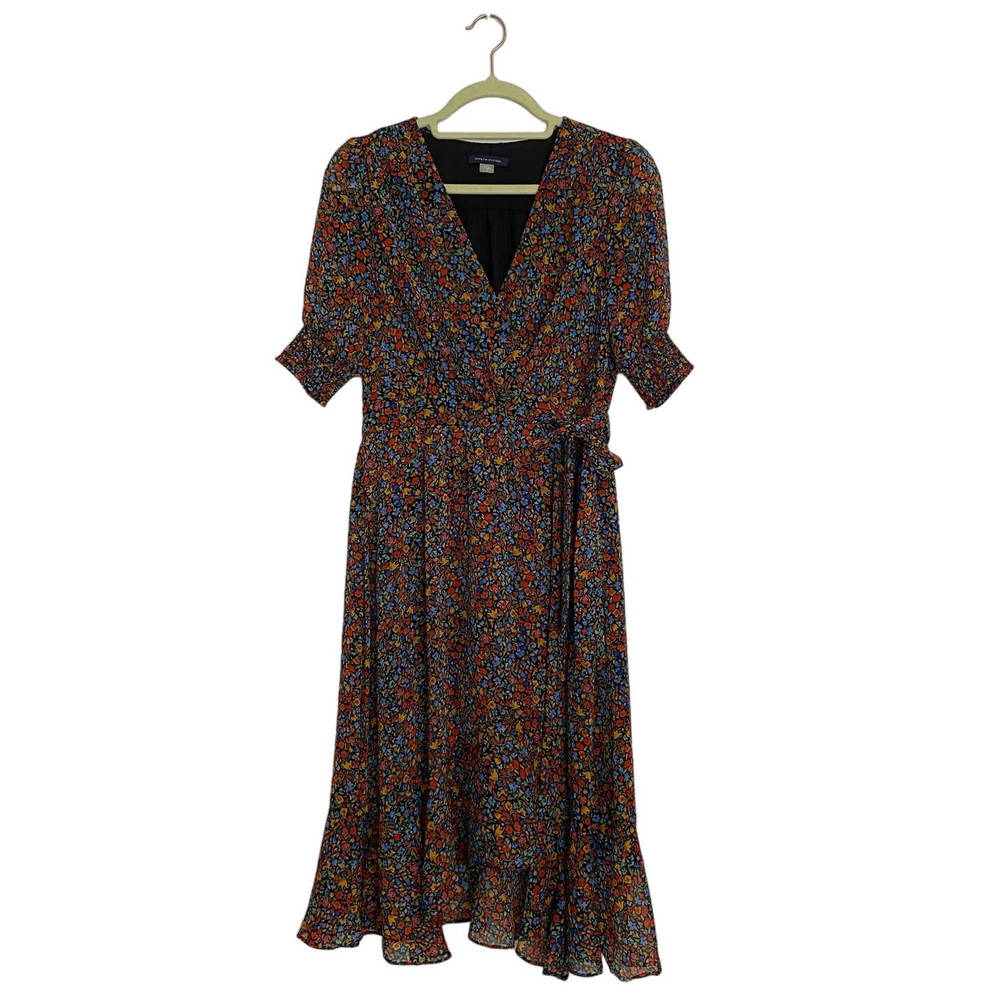 Tommy Hilfiger Black Floral Faux Wrap Midi Dress Sz 4