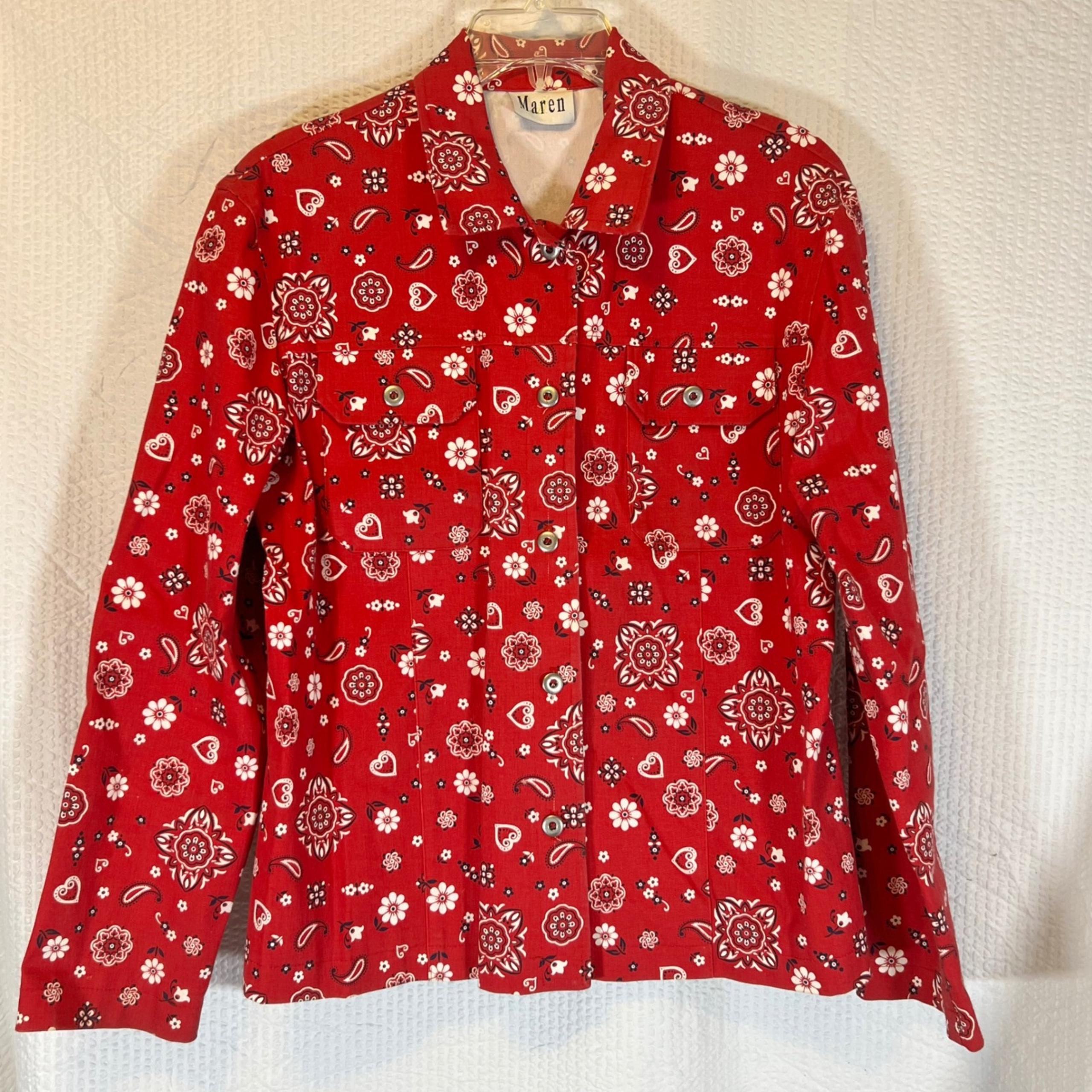 Maren Western Bandana Print Button Down Jacket Jean Style Red Large