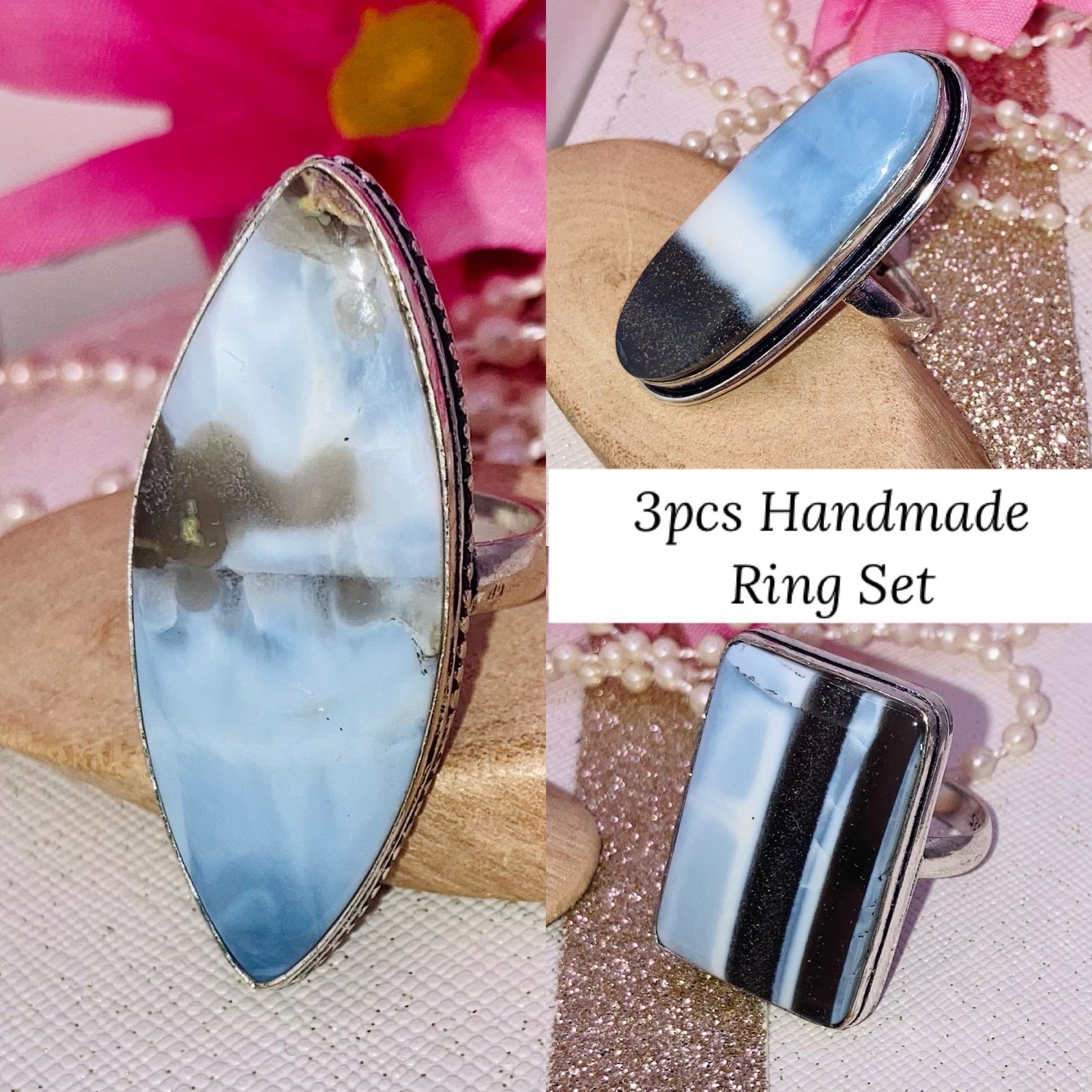 3pcs Handmade Ring Set Owyhee Blue Opal Gemstone Size 8