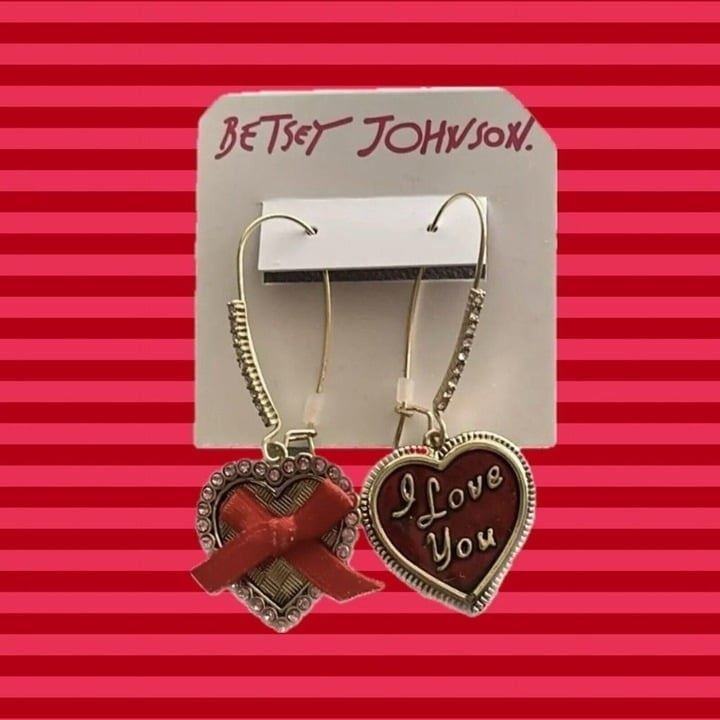 Betsey Johnson Gold Red Heart Statement I Love You Pave Dangle Hook Earrings