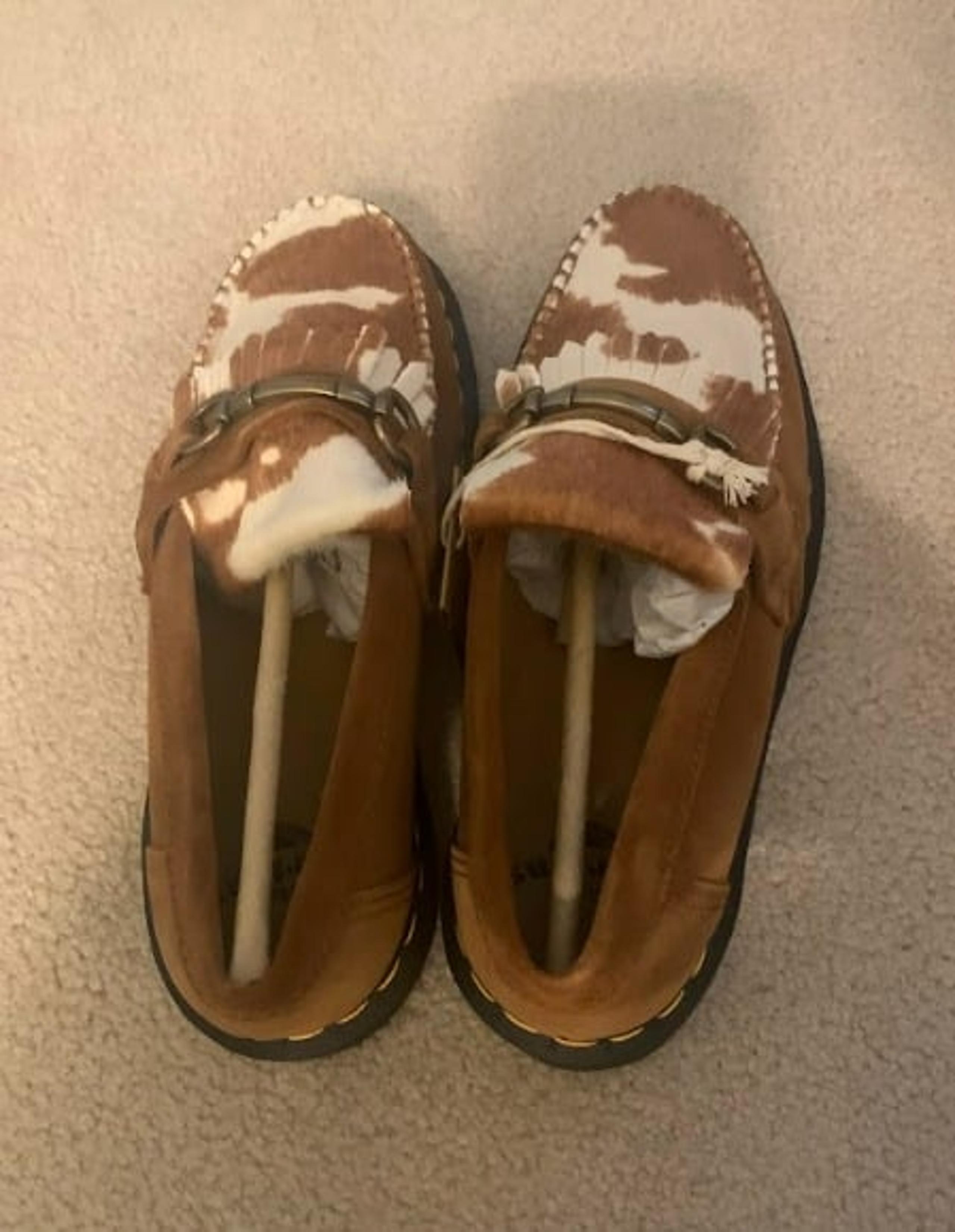 US women's sz 9 Dr. Martens Pecan Brown Jersey Cow Print Adrian Snaffle 31084369