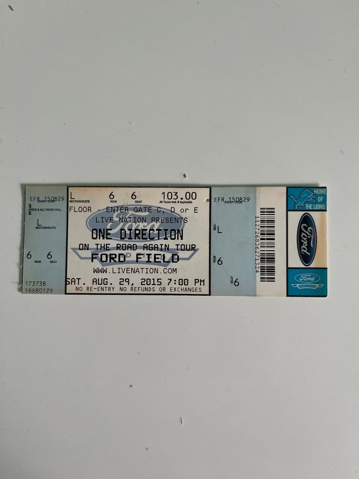 One Direction 2015 Ticket Stub