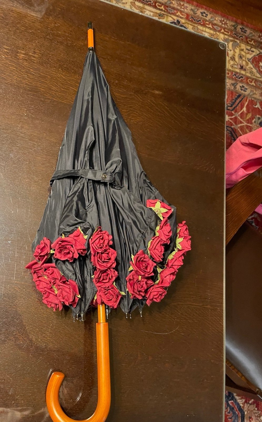 Victorian vintage inspired black umbrella with red roses and solid wood