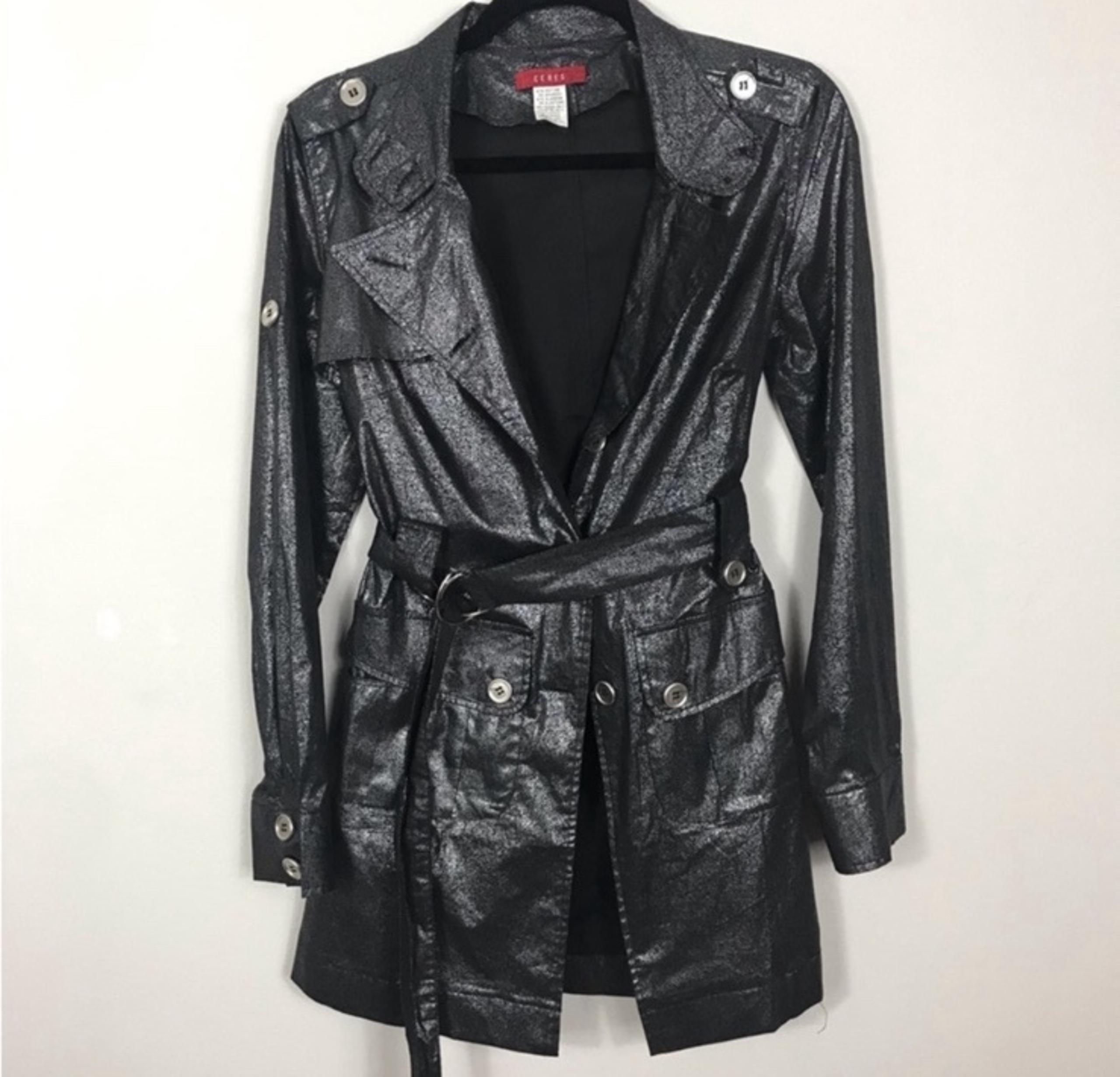 EUC Ceres Black Shimmery Metallic Trench Coat womens M winter fall boho edgy