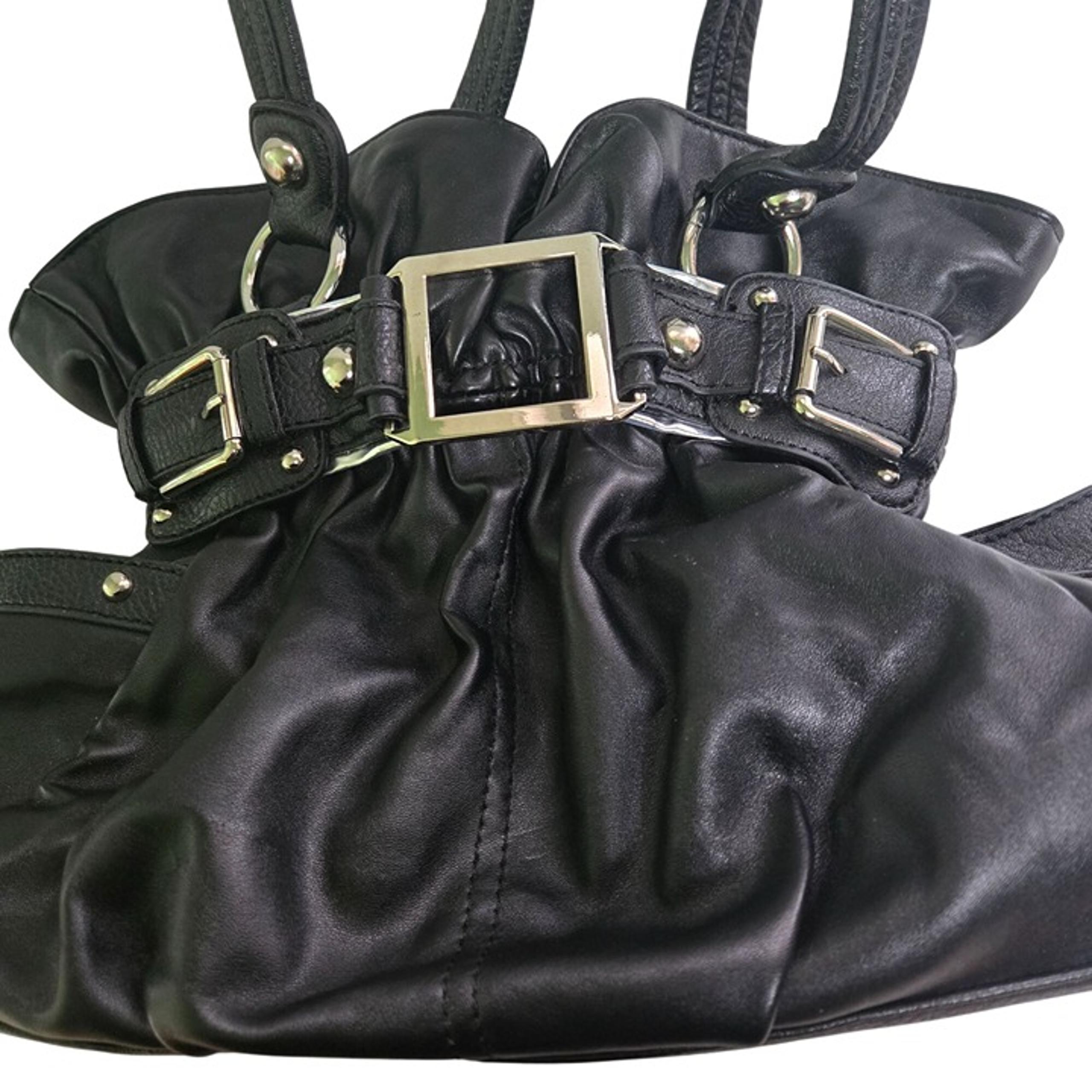 Wilson Leather Ellie V Cinched Black Leather Hobo Bag Silver Buckles 14"x10"x3"