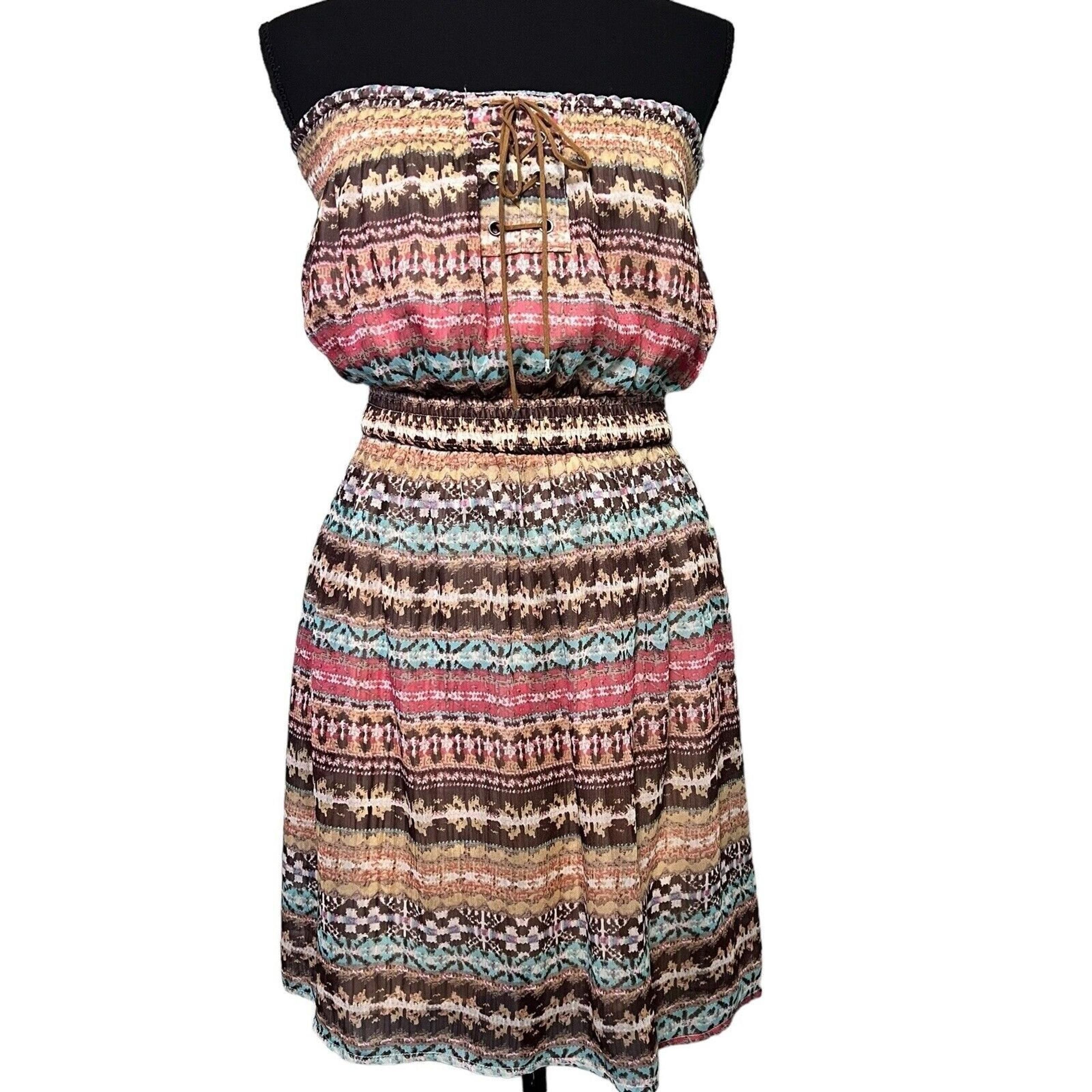 YA Los Angeles Size M Strapless Silk Southwest Print Mini Dress Leather Lace