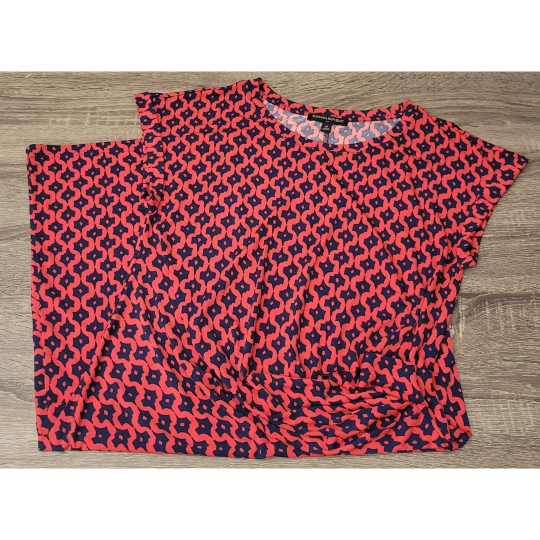 Banana Republic Outlet Women's M Red Blue Geometric Ruched Front SS Dress