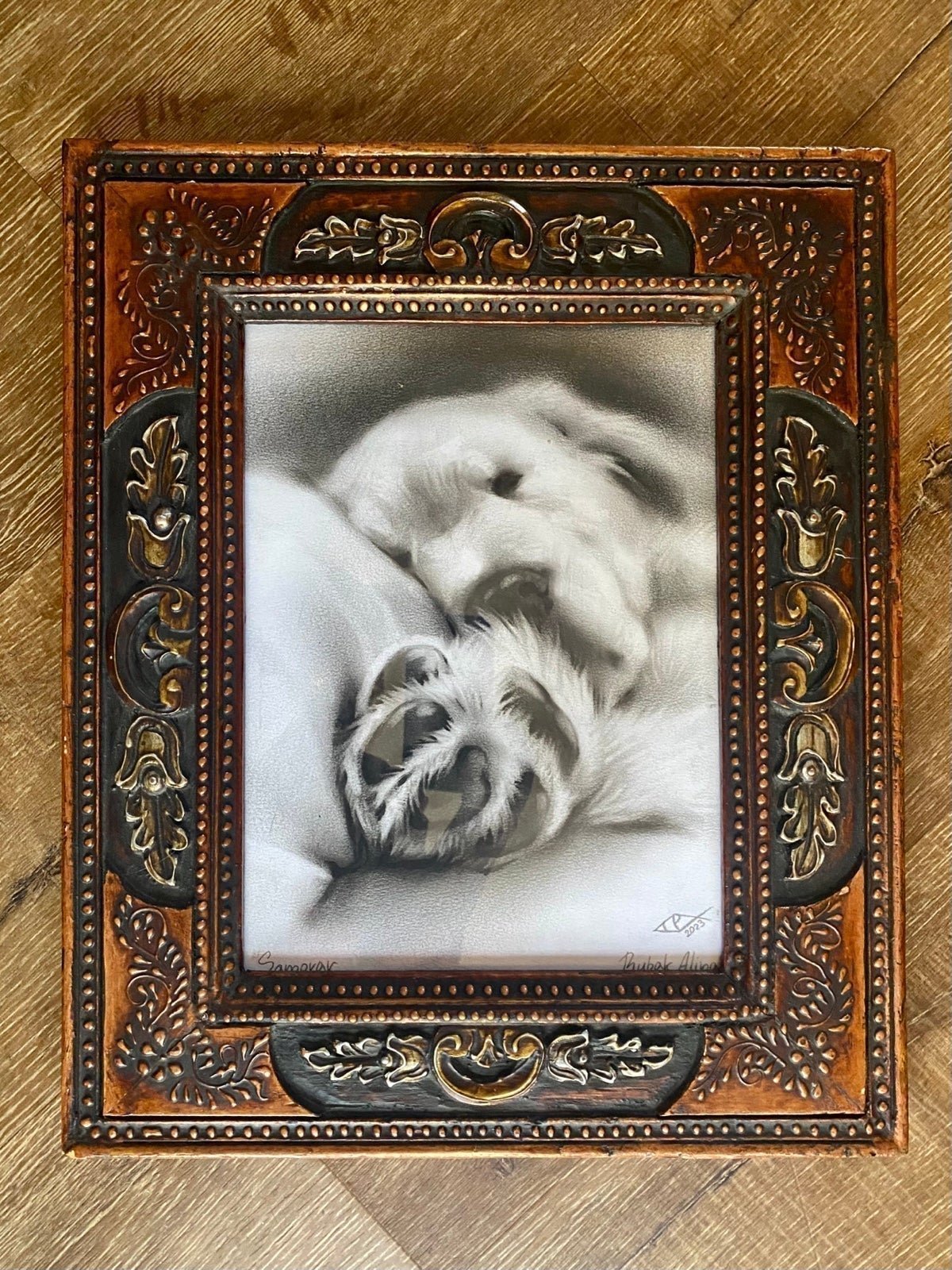 REDUCED Framed Signed Original Oil Drybrush Golden Retriever Pup Painting