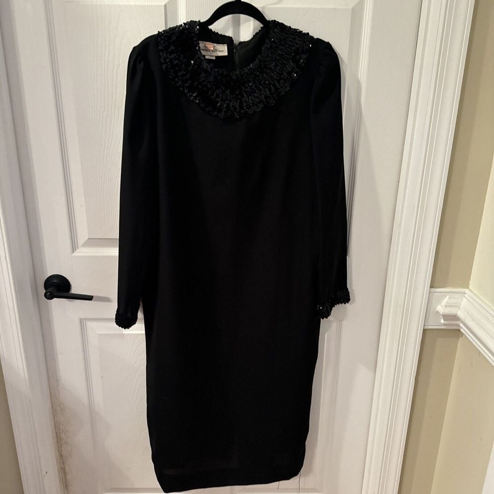 Vintage 1970s Lawrence Greer Shift Dress Black Polyester Sequin Cocktail Sz 26