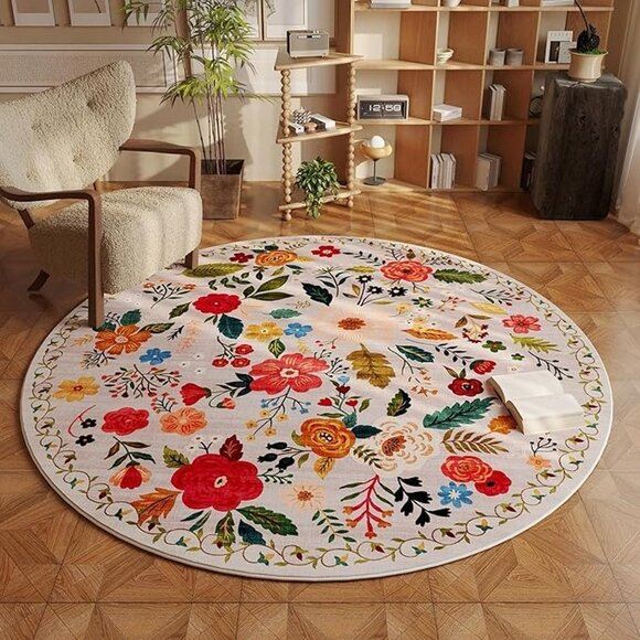 NEW Round Rug 6ft Washable Circle Rug Non Slip Low Pile Floral Small Circular