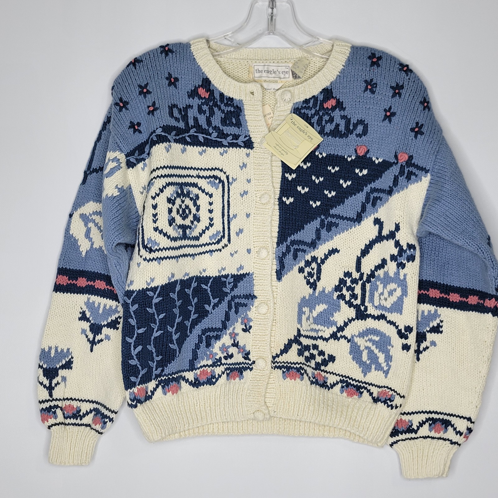 Vintage The Eagle’s Eye Floral Blue White Sweater Cardigan Small Hand Knit