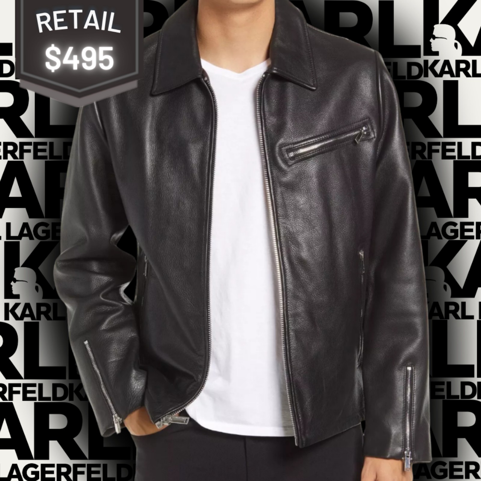 KARL LAGERFELD PARIS Men's Leather Motocross Jacket, in Black (Sz M)