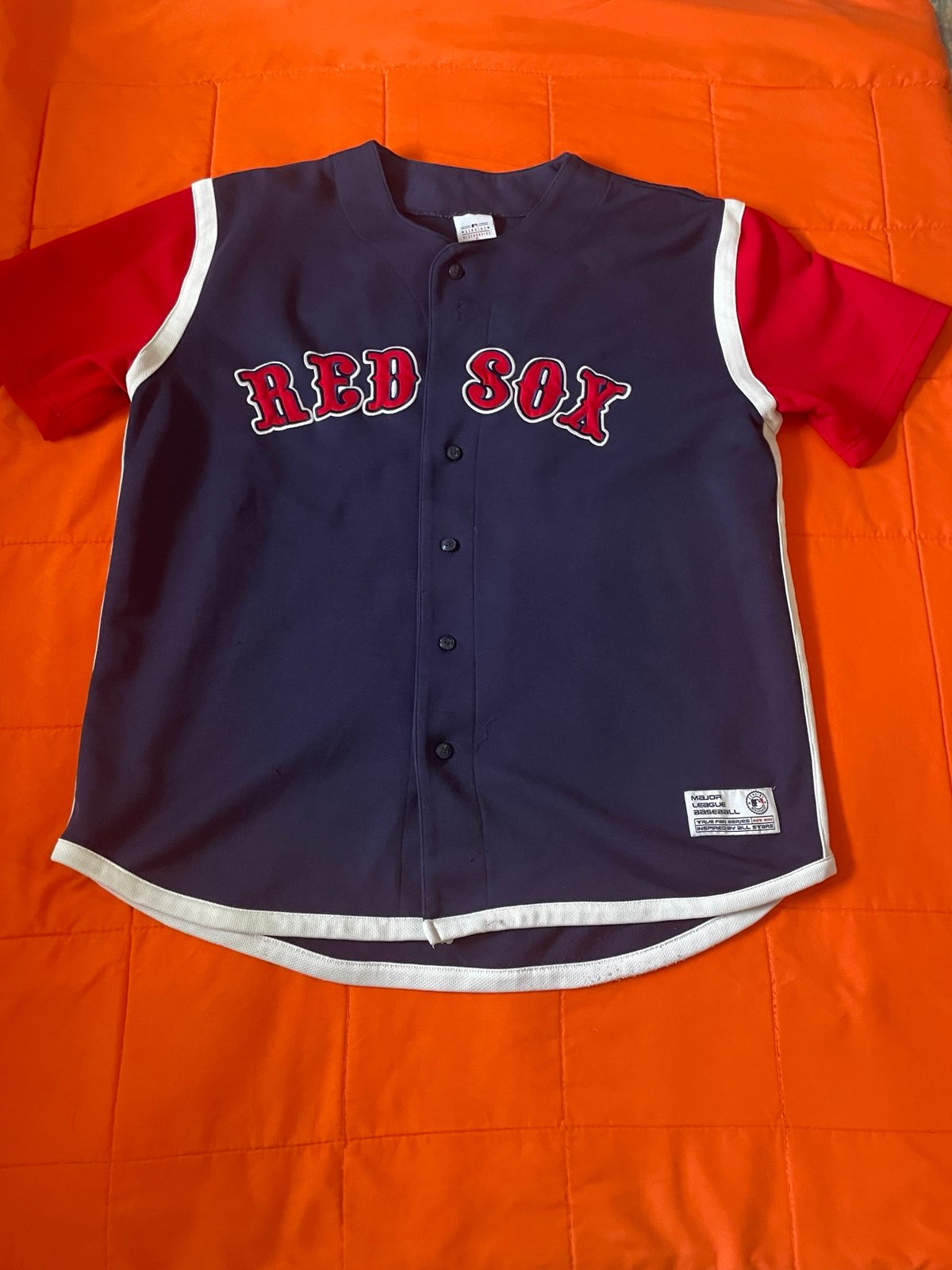 Vintage Boston Red Sox Jersey Mens Large MLB True Fan Button Up Blue Red