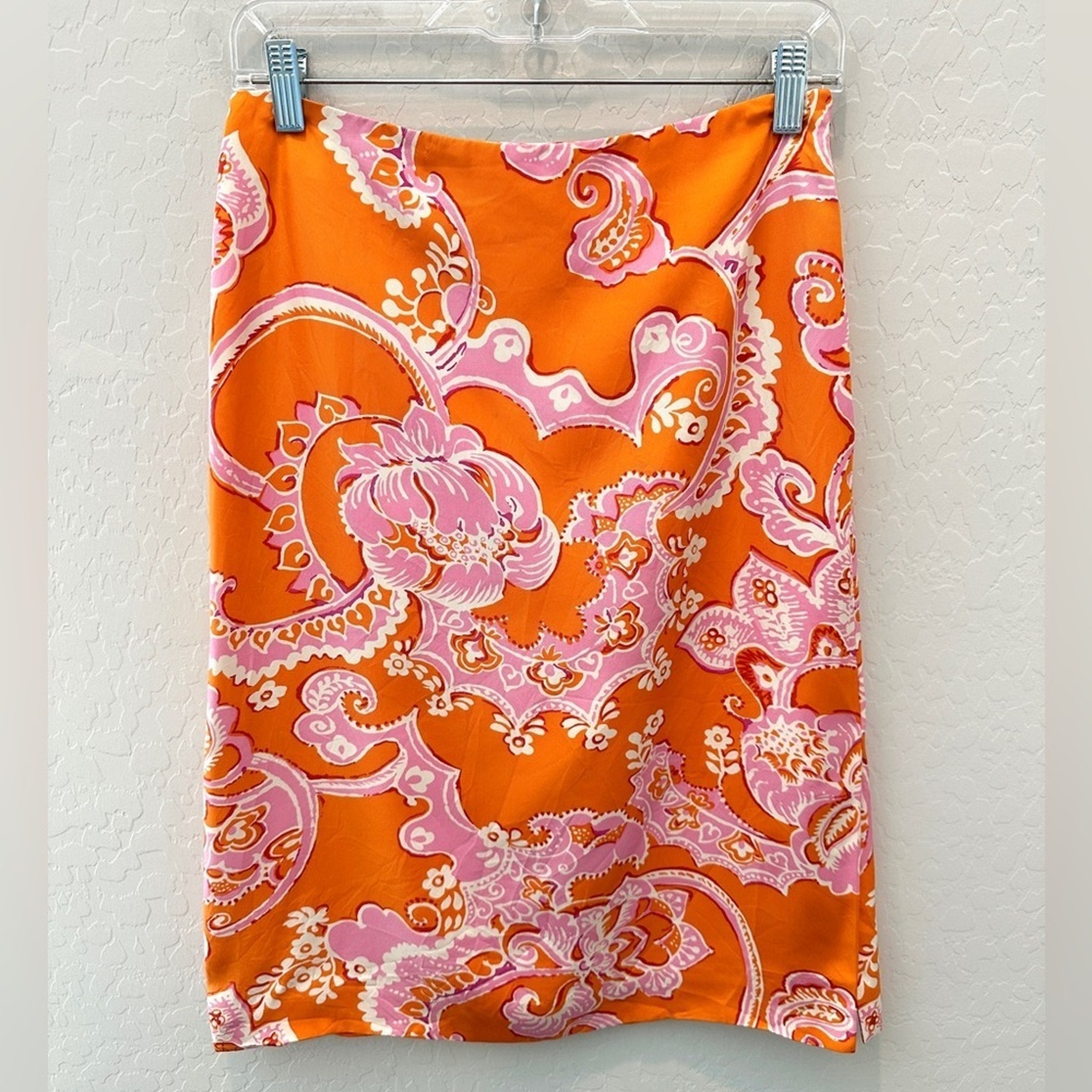 ANN TAYLOR | 100% Silk Y2K 90s Vintage Orange Floral Side Slit Midi Skirt | 4