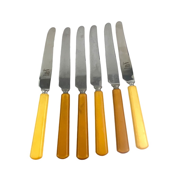 Hampshire Bakelite Dinner Knives Set Of 6 Yellow Brown Handles Stainless Steel
