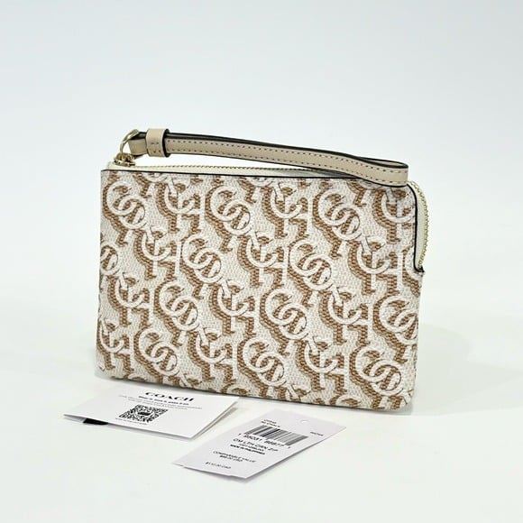 COACH CORNER ZIP WRISTLET WALLET WITH SIGNATURE MONOGRAM PRINT CHALK NWT