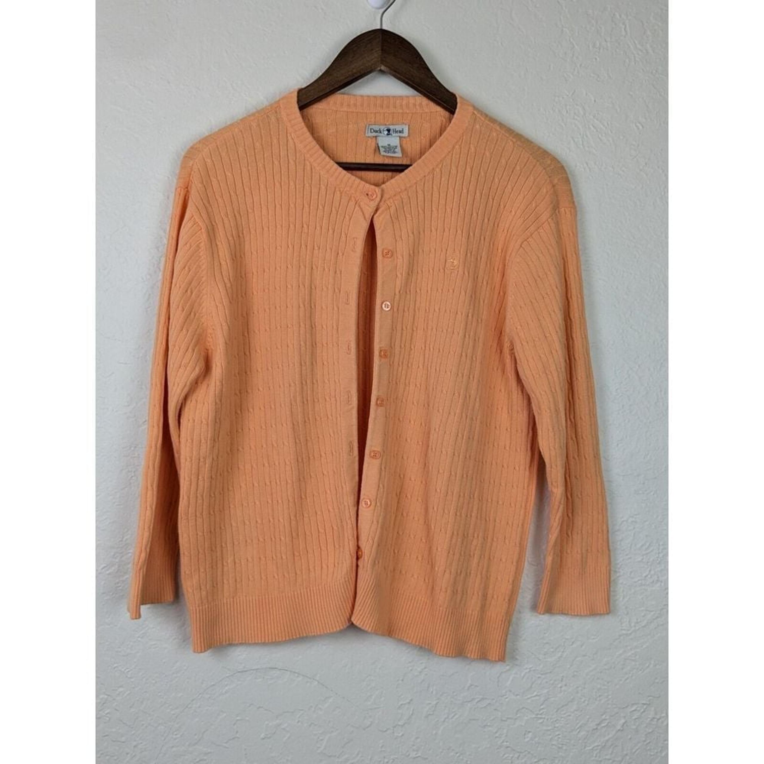 VTG Duck Head Womens Cardigan Sz M Orange Cotton Knit Sweater Long 1980s