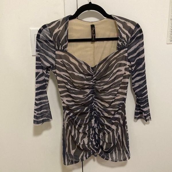 Elana Kattan Zebra Print Tulle Top with Sweetheart Neckline & Ruched front.