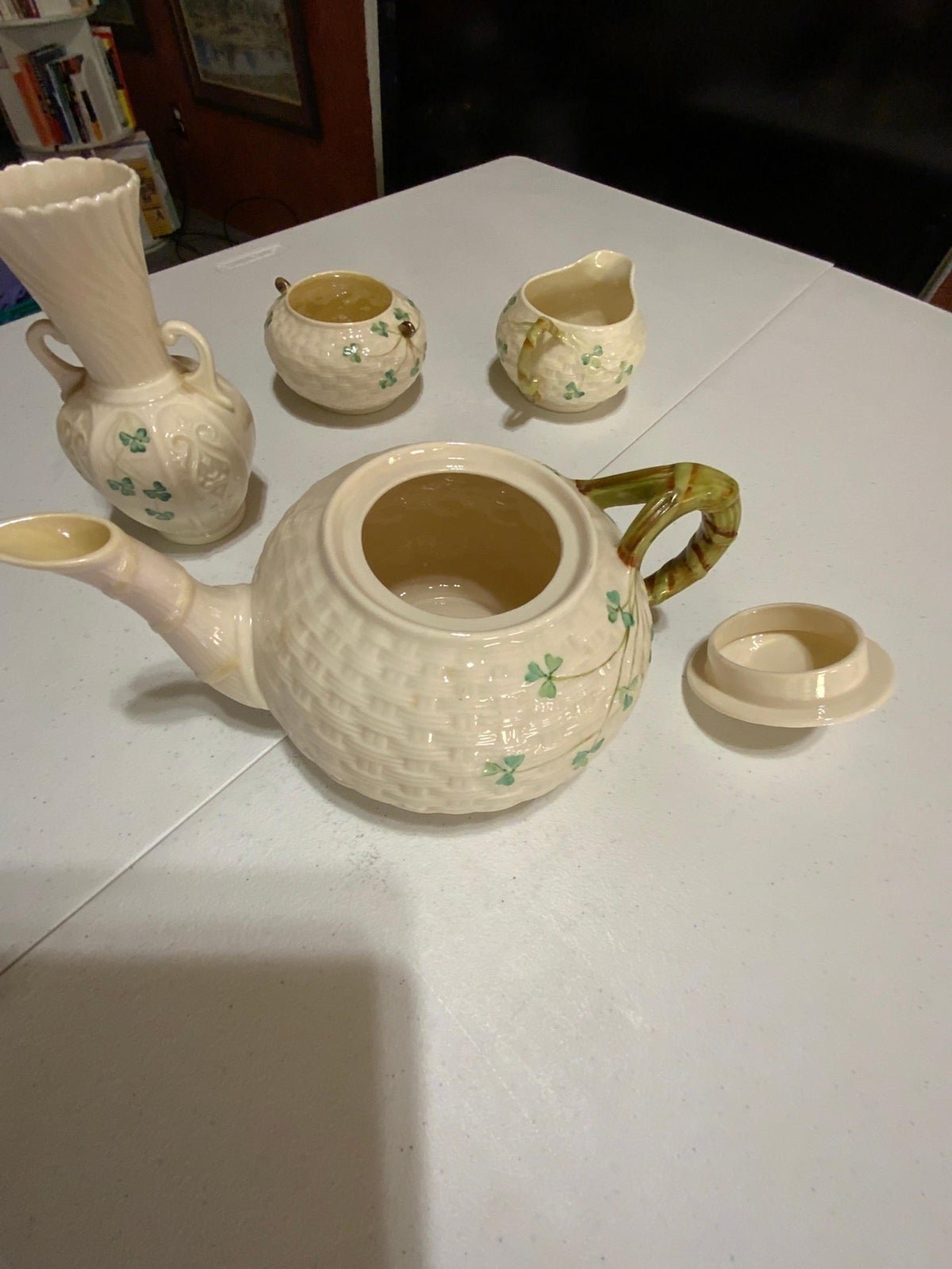 Shamrock Tea Set with Green Makers Marks and Vase - Belleek