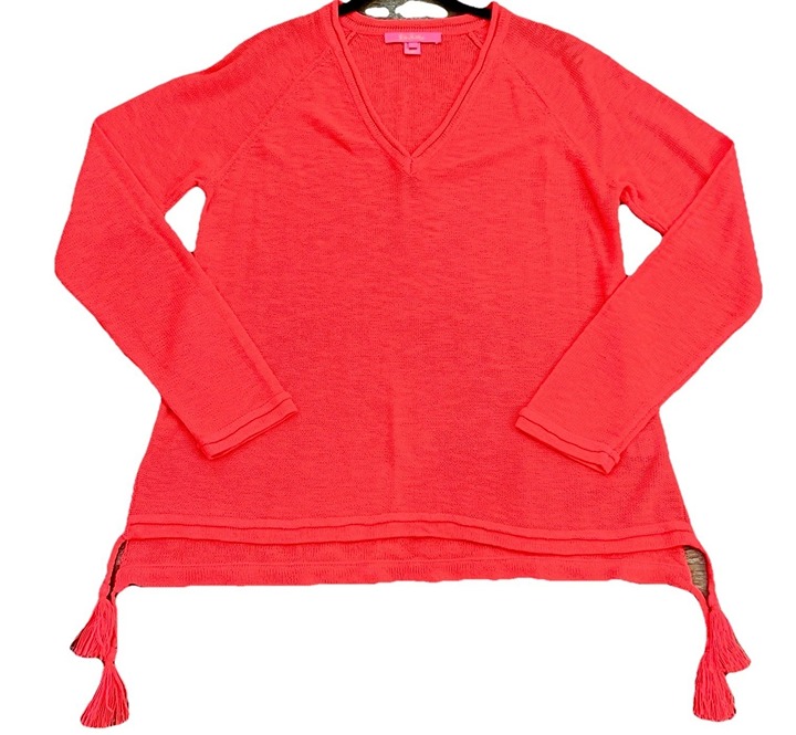 Lilly Pulitzer Women’s Jody V-neck Sweater Size Large Tassels Spicy Coral