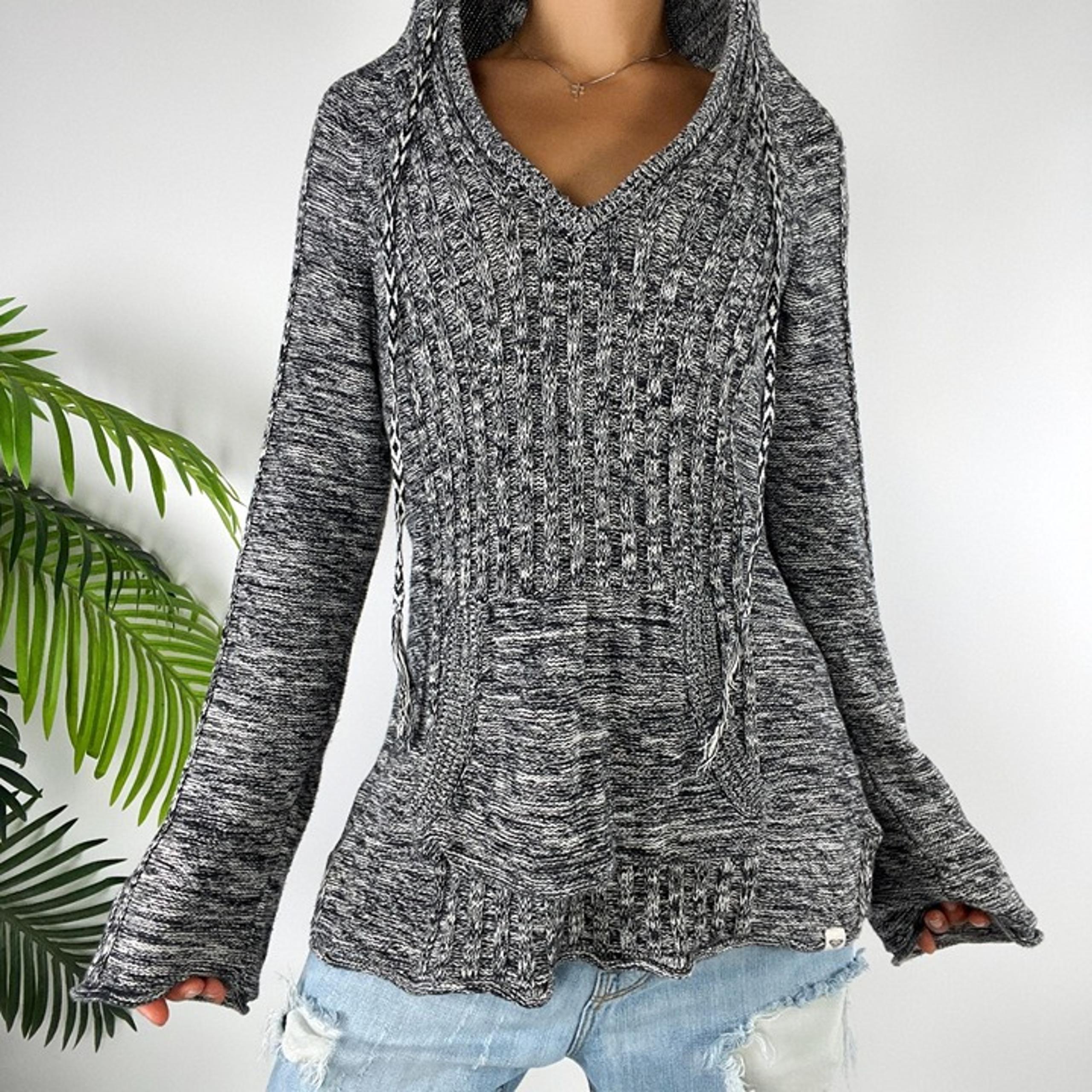 Vintage Y2K Roxy Gray Knit Granola Girl Beachy Hooded Pullover Sweater / XL