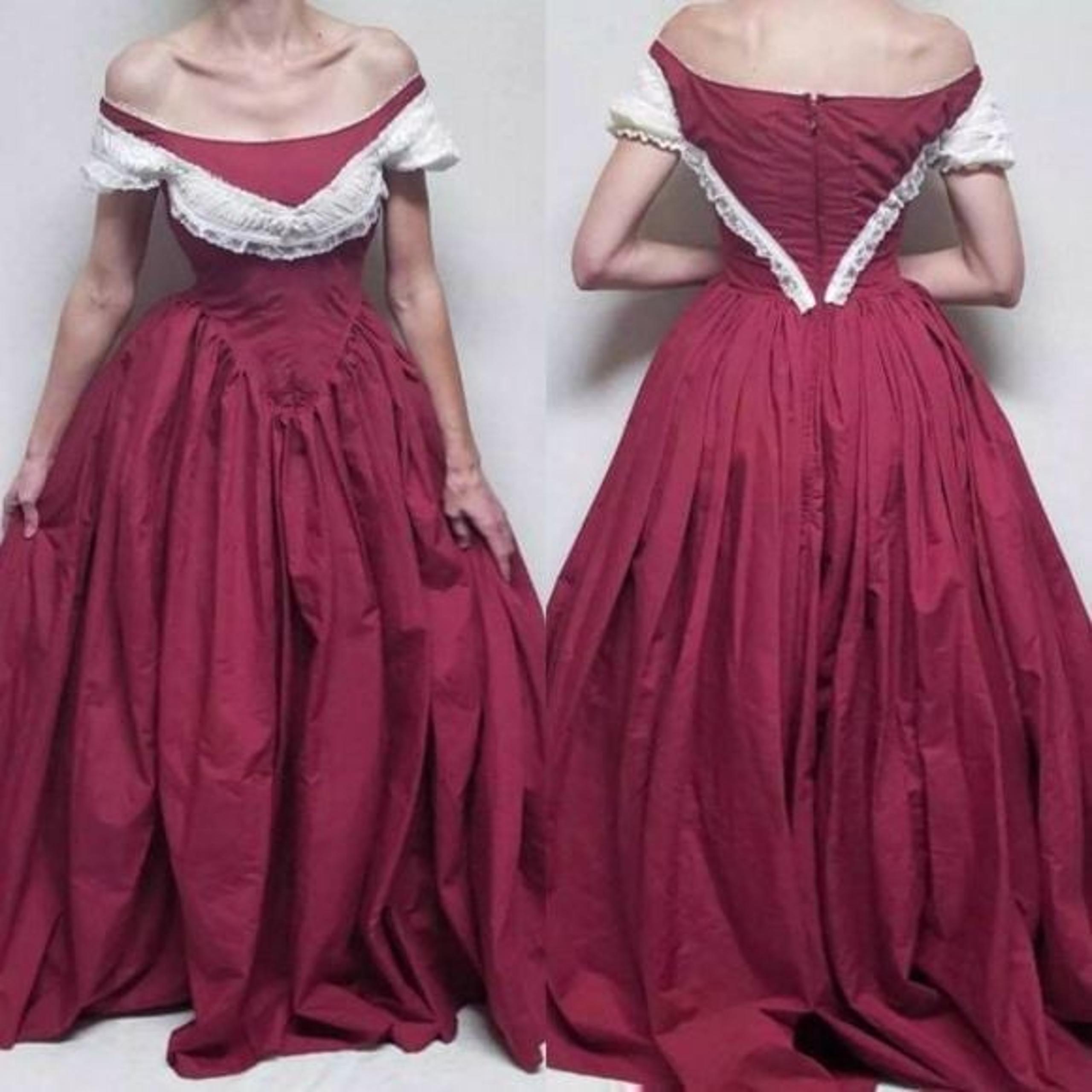 Vintage Antebellum Scarlett O'Hara Red Off-Shoulder Puff Sleeve Hand Sewn Gown