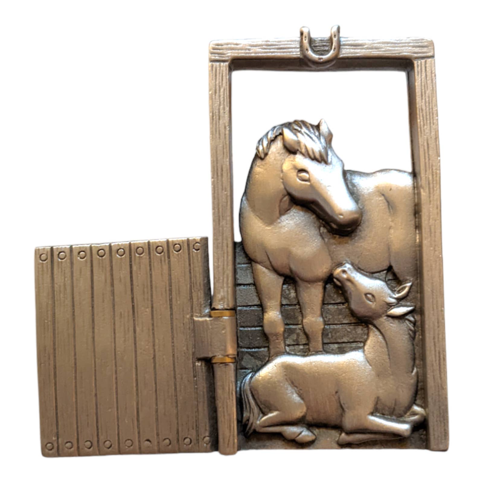 VTG Horse & Foal in Stable Brooch w/ Movable Door Opens & Closes By JJ Jonette