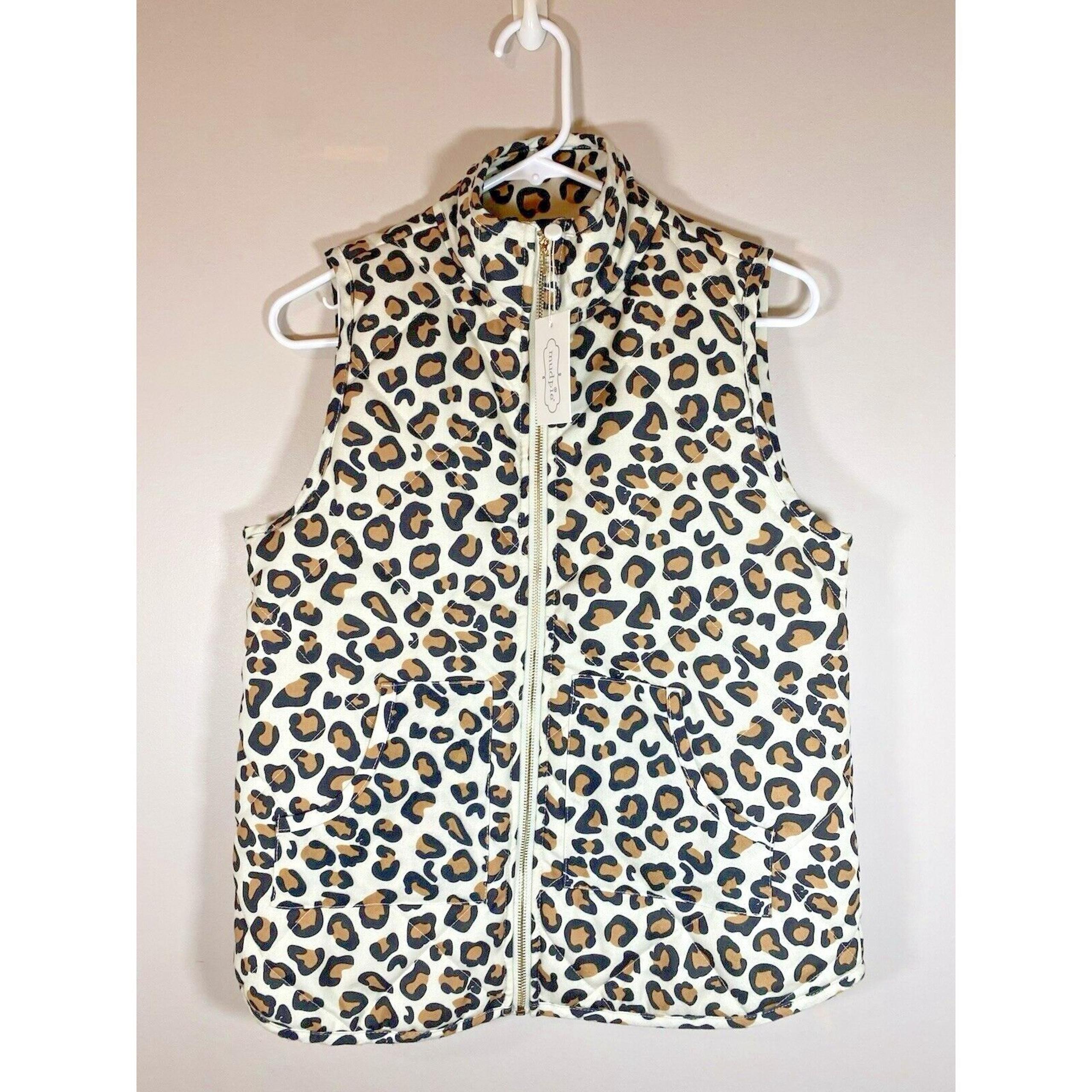 Mud Pie Quilted Vest Womens Leopard Print Puff Full Zip Lined Brodie Vest SMALL