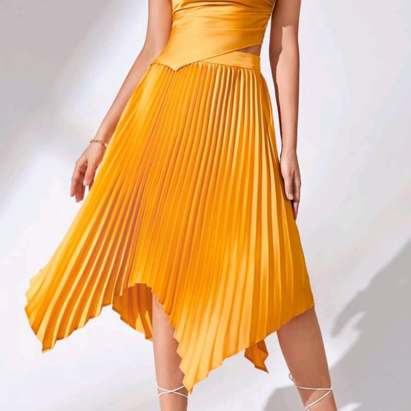 Pleated Midi Skirt Yellow Satin Asymmetrical Hem Size M High Waisted
