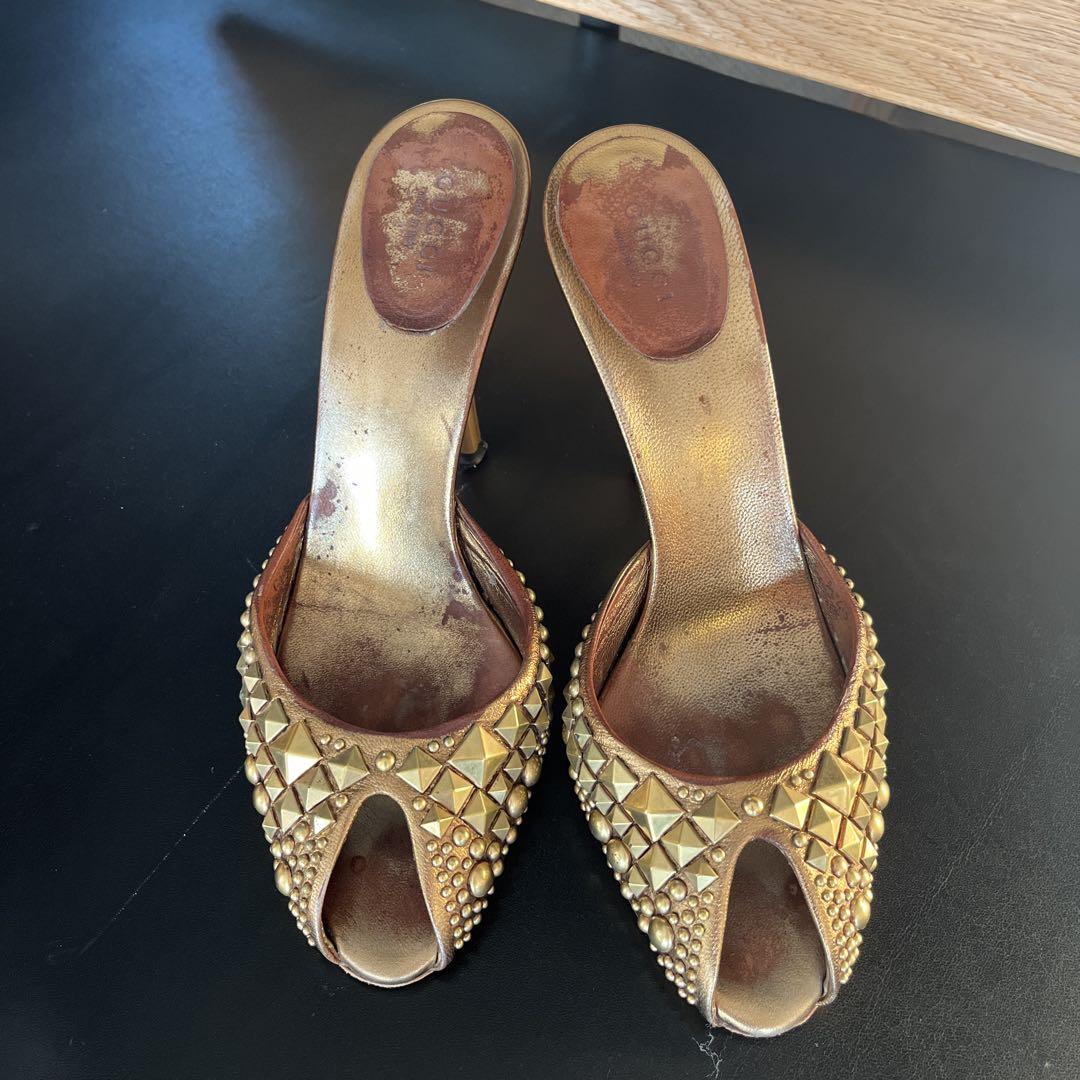 Gucci Gold Studded Open Toe Heel Mule