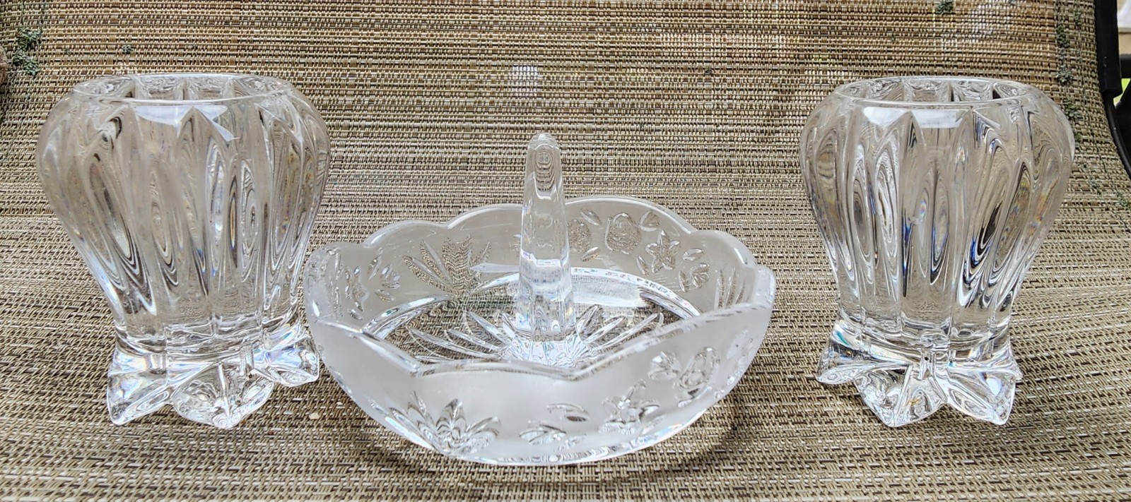 Vintage ONEIDA Southern Garden Crystal Ring Holder W/2 Crystal Toothpick Holders
