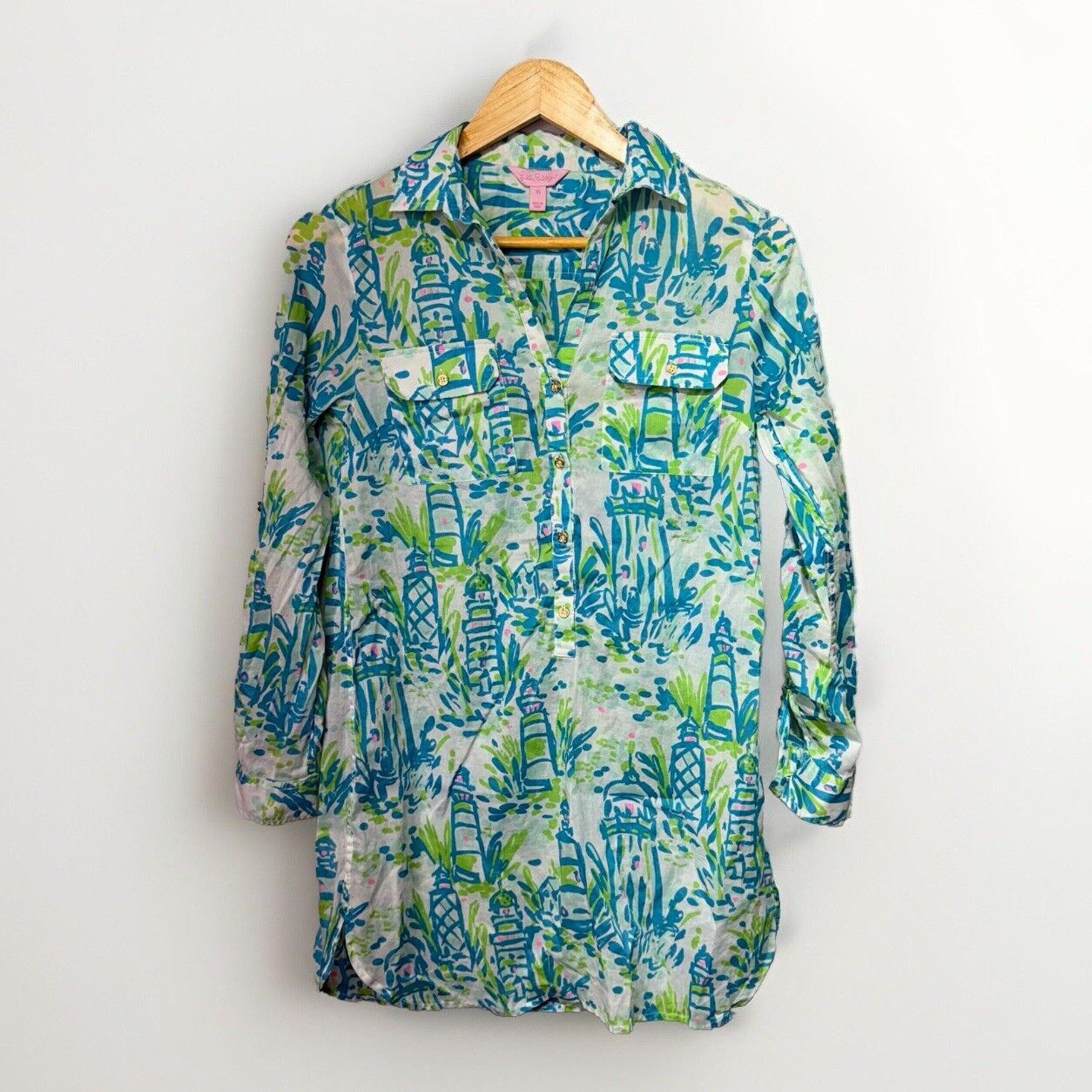 Lilly Pulitzer Tunic Women’s Size XS 100% Cotton Button-Up Shirt Blue & Green
